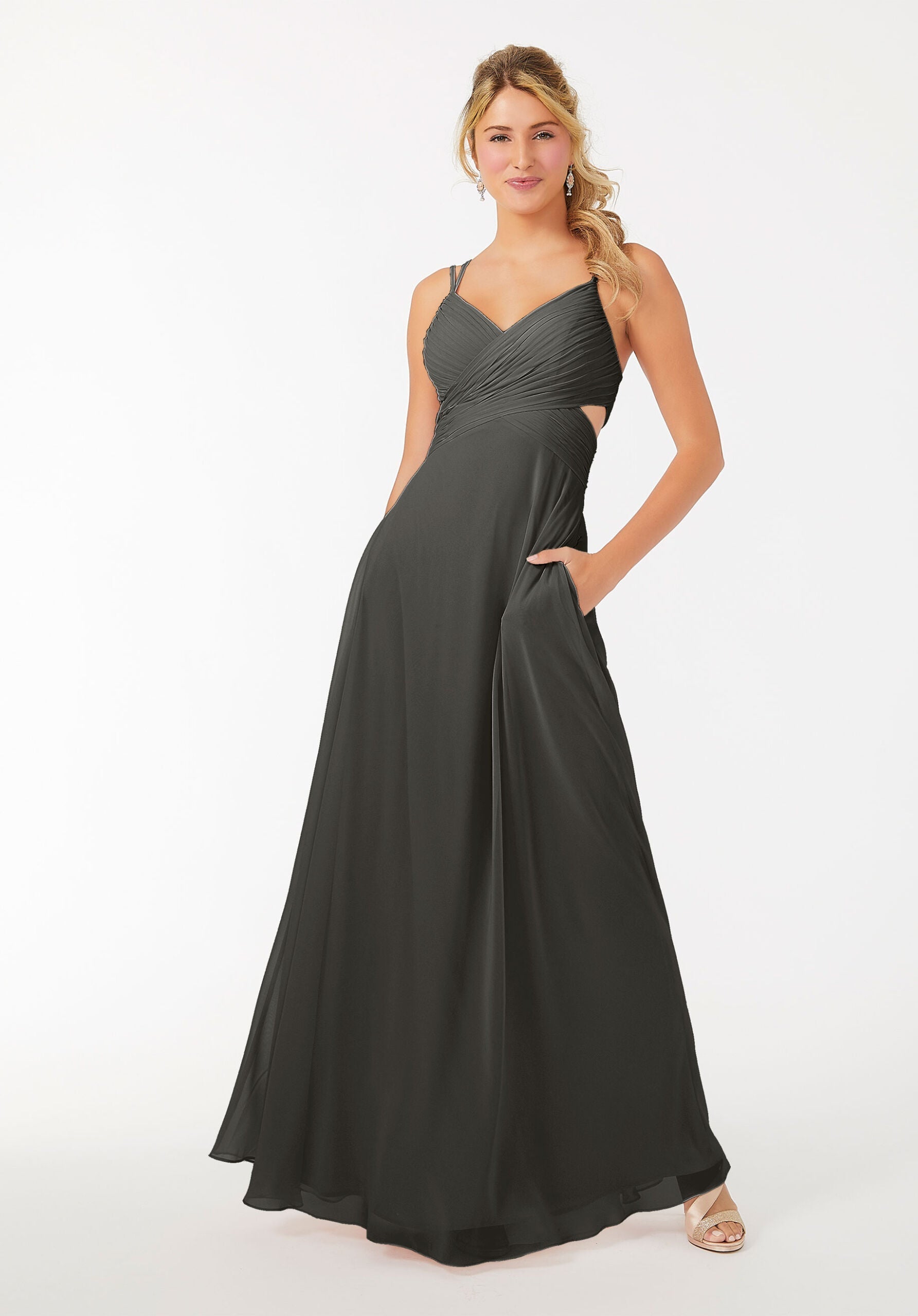 Formal Dresses A Line Evening Long Formal Pleated Dress MGNY Madeline Gardner New York 21702 Charcoal