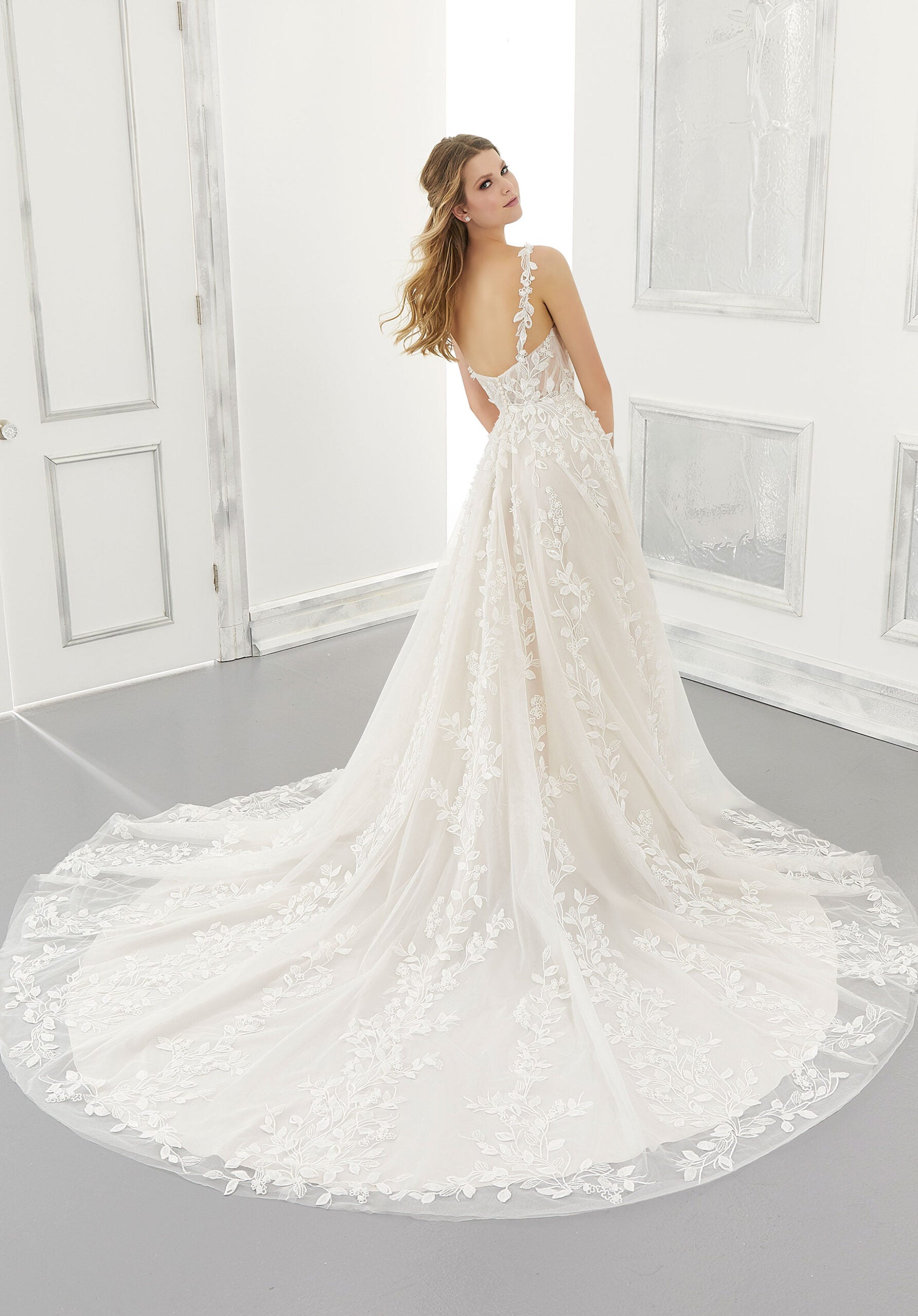 Wedding Dresses Long 3D Floral A Line Bridal Wedding Dress MGNY Madeline Gardner New York 2171 Ivory/Sand