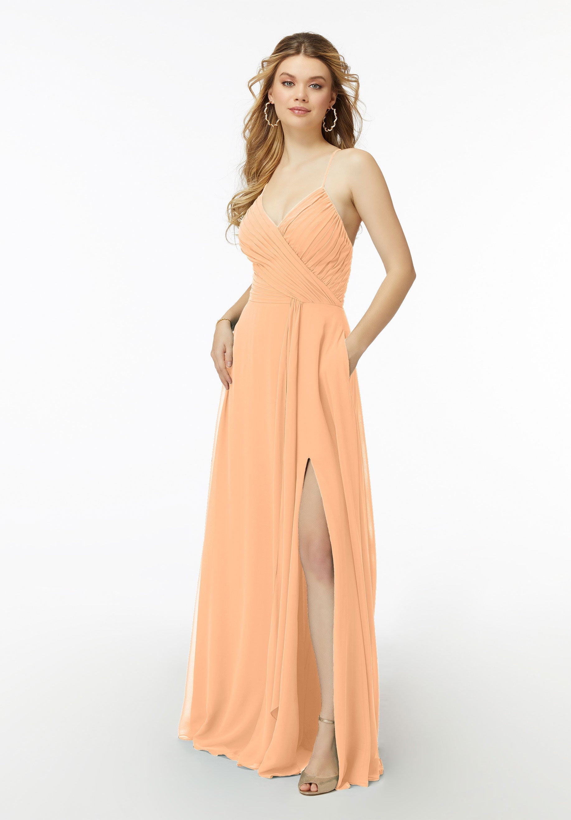 Formal Dresses Long A Line Formal Slit Pleated Dress MGNY Madeline Gardner New York 21725 Sorbet