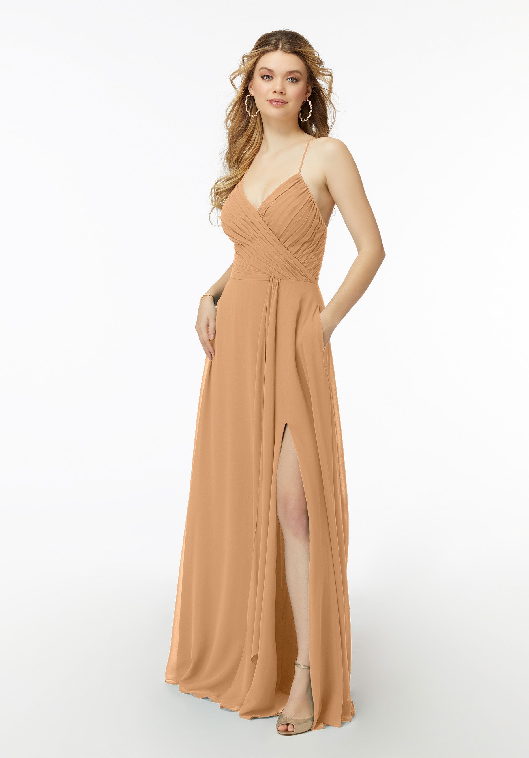 Formal Dresses Long Formal A Line Pleated Slit Dress MGNY Madeline Gardner New York 21725 Champagne