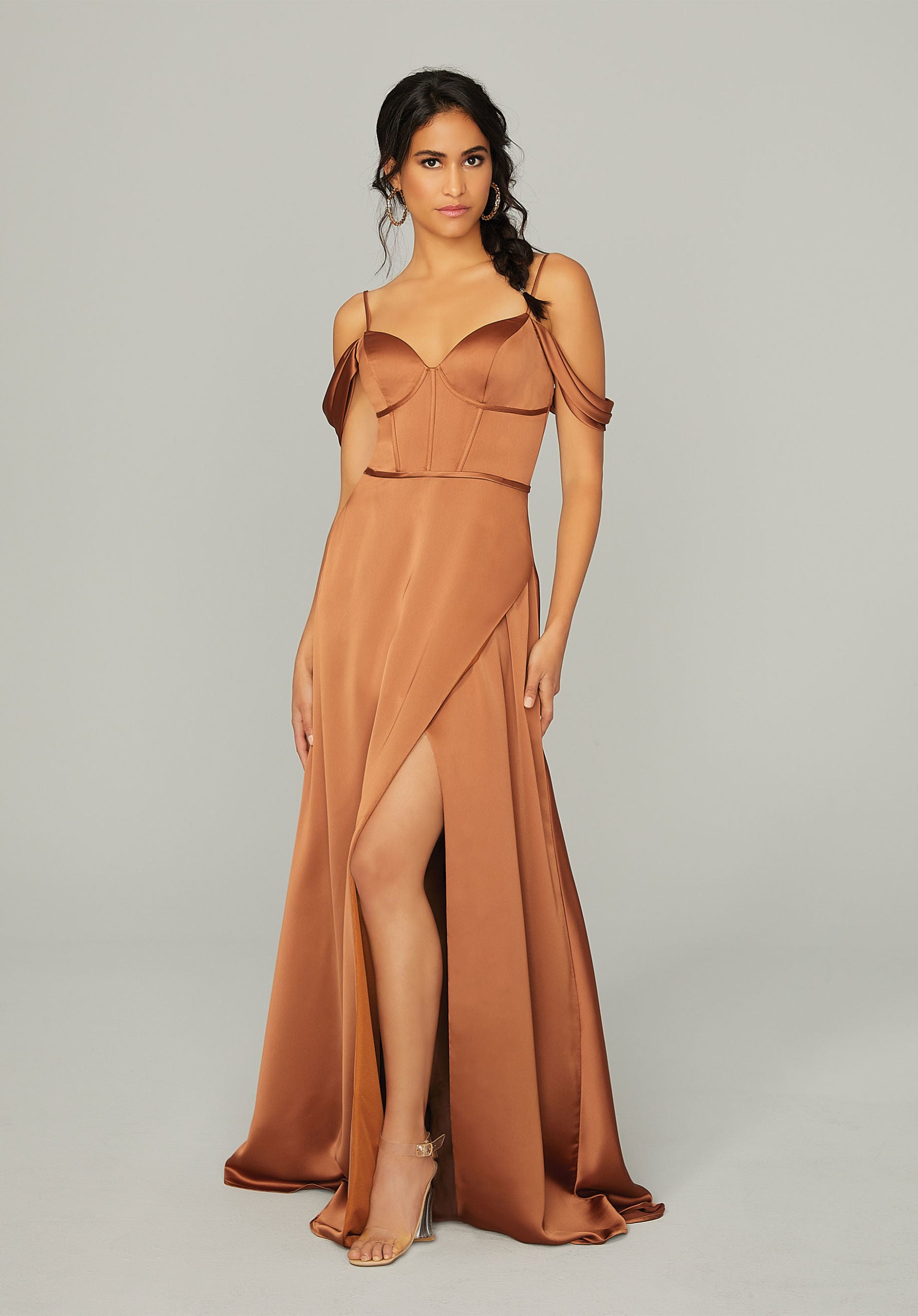 Formal Dresses Formal Long A Line Slit Dress MGNY Madeline Gardner New York 21751 Bronze