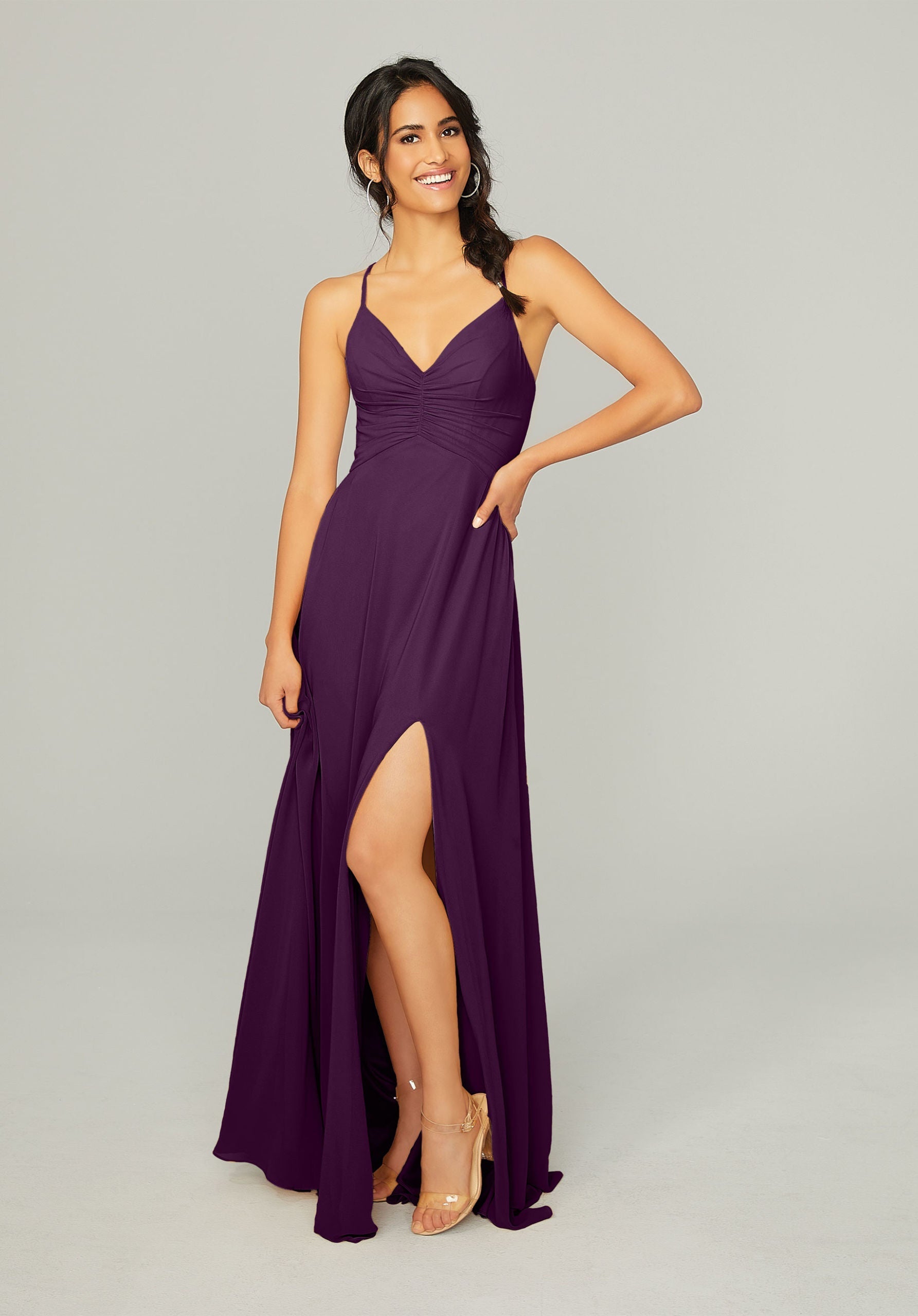 Formal Dresses A Line Formal Slit Long Dress MGNY Madeline Gardner New York 21755 Eggplant