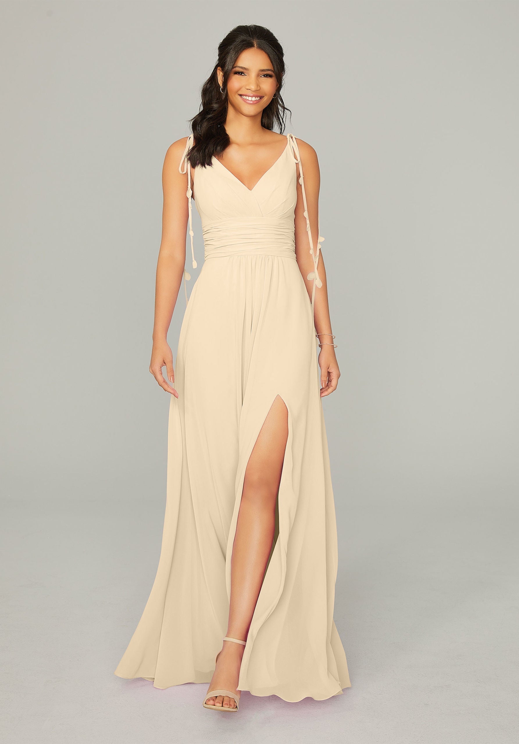 Formal Dresses Formal Long A Line Slit Dress MGNY Madeline Gardner New York 21759 Buttercream
