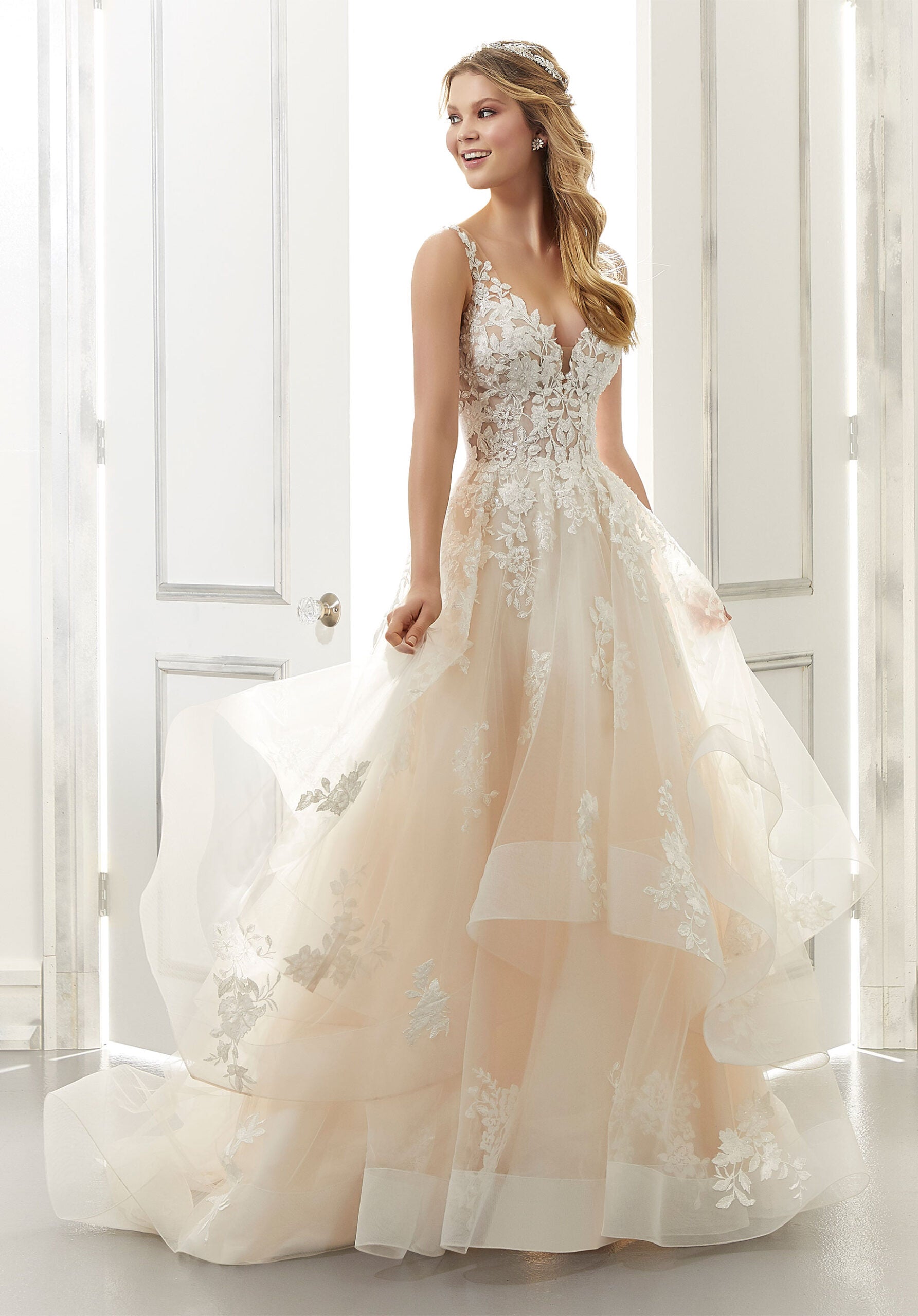 Wedding Dresses Long A Line Bridal Wedding Dress MGNY Madeline Gardner New York 2176 Ivory/Champagne/Honey