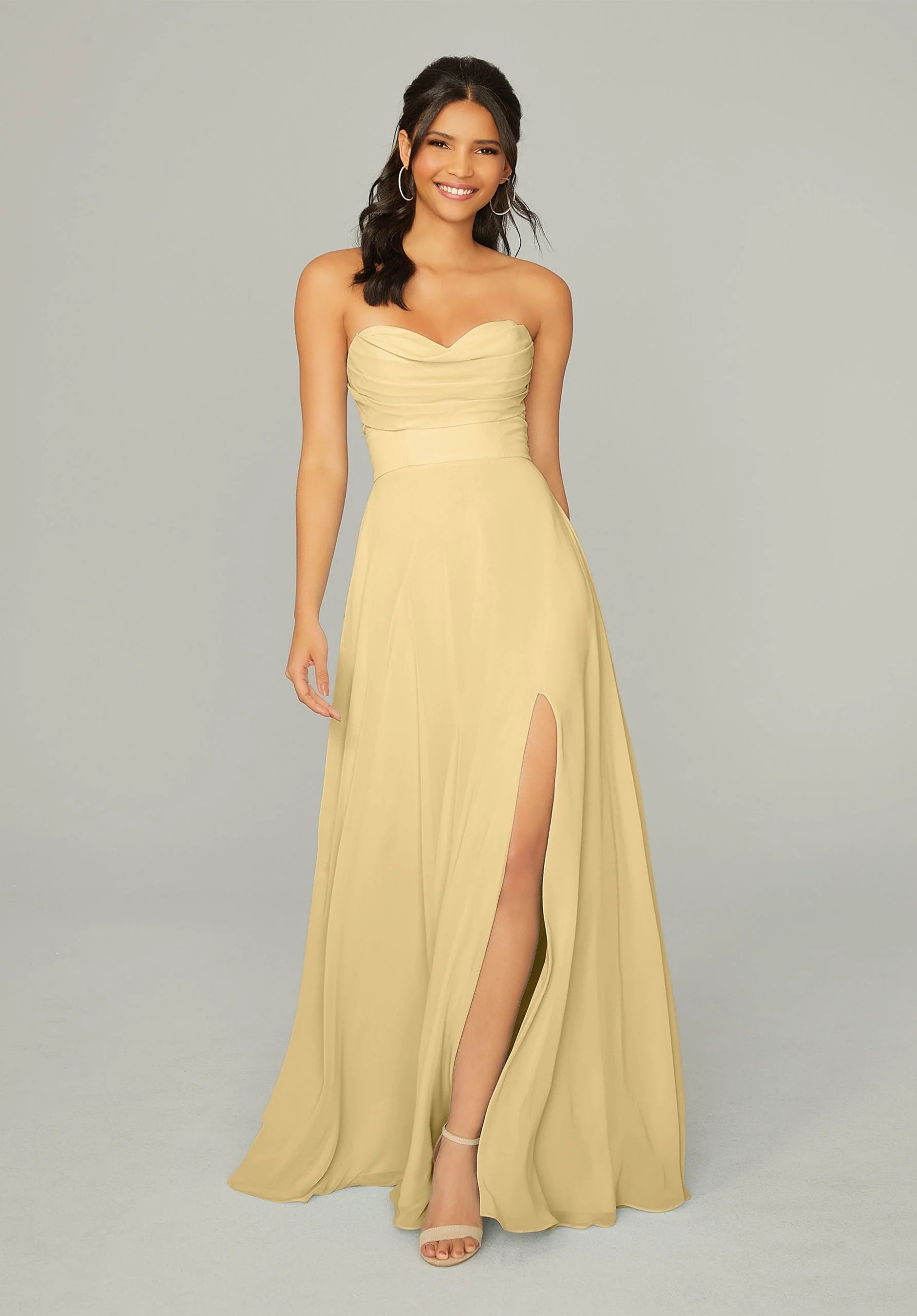 Formal Dresses Long Formal A Line Pleated Slit Dress MGNY Madeline Gardner New York 21766 Buttercup