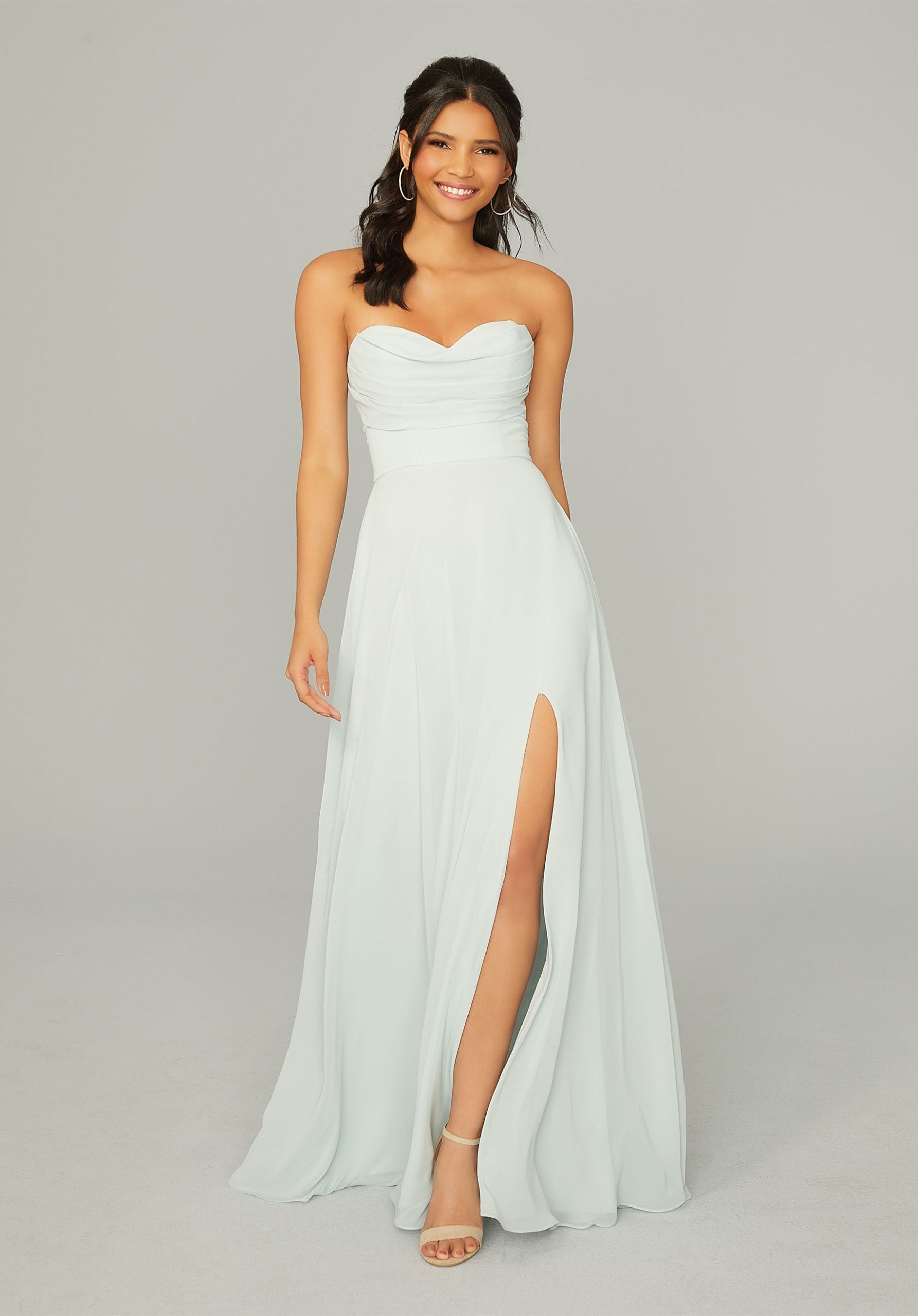 Formal Dresses Long Pleated Formal A Line Slit Dress MGNY Madeline Gardner New York 21766 Sea Glass