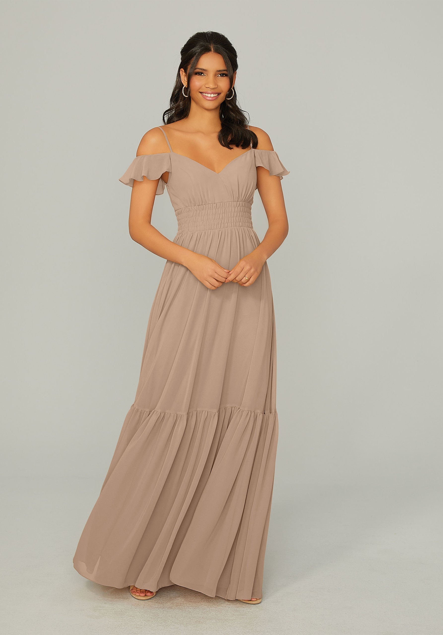 Formal Dresses A Line Long Formal Ruffle Dress MGNY Madeline Gardner New York 21768 Latte