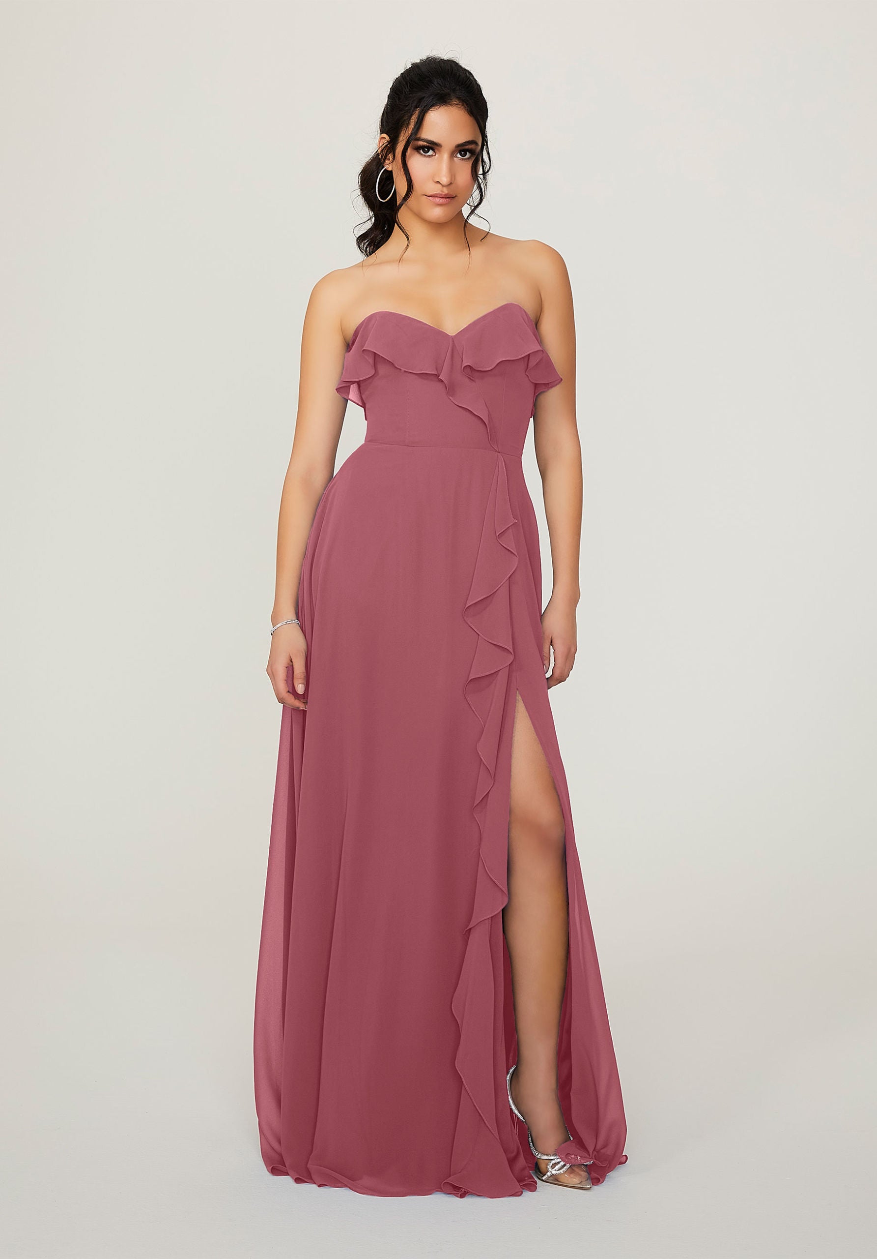 Formal Dresses Ruffle Long Formal Slit Dress MGNY Madeline Gardner New York 21782 Rosewood