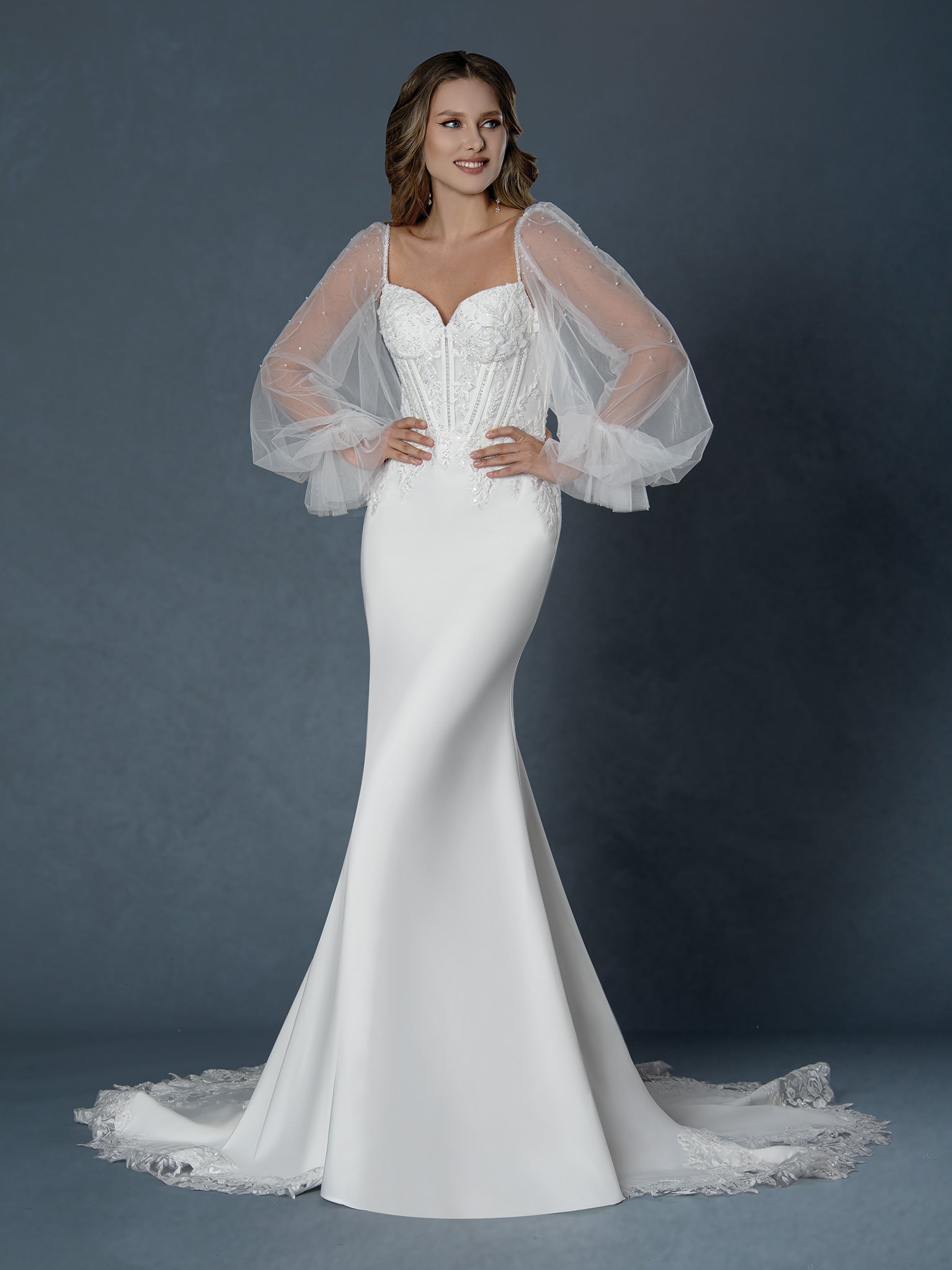 Wedding Dresses Long Lace Beaded Mermaid Wedding Dress Off White-Satin-25512-Train