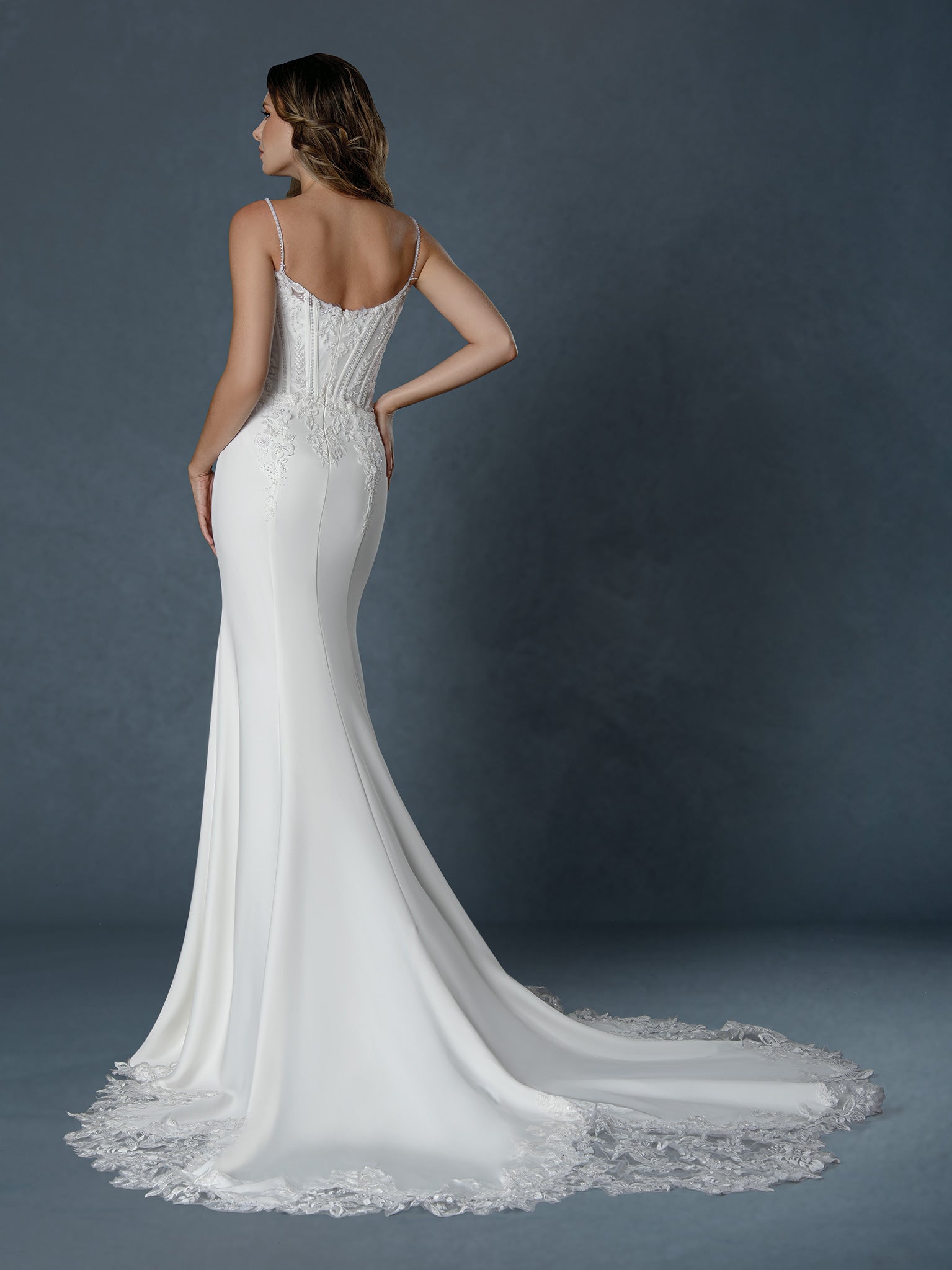 Wedding Dresses Long Lace Beaded Mermaid Wedding Dress Off White-Satin-25512-Train