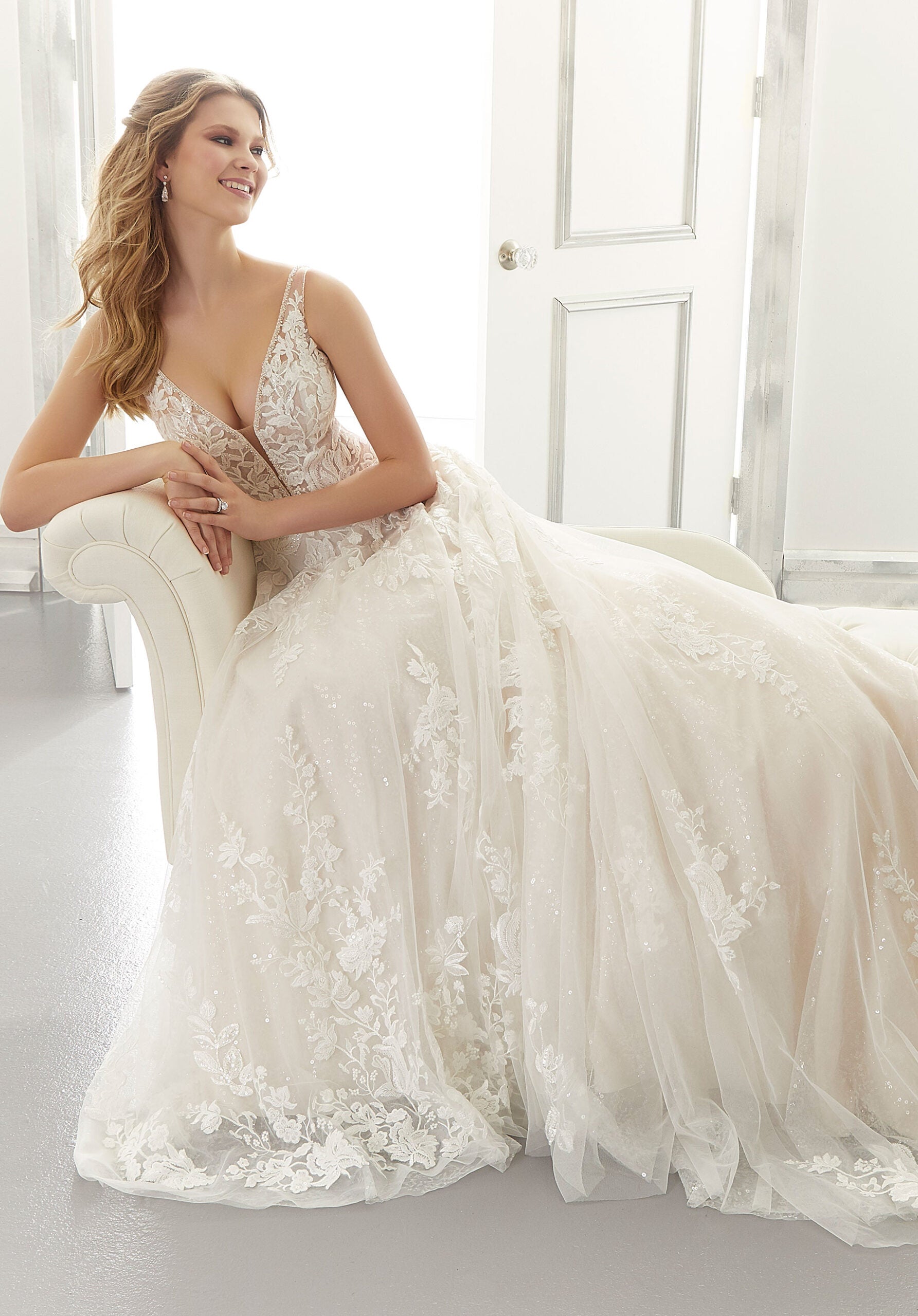 Wedding Dresses Long A Line Sequin Bridal Wedding Dress MGNY Madeline Gardner New York 2179 Ivory/Creme/Honey
