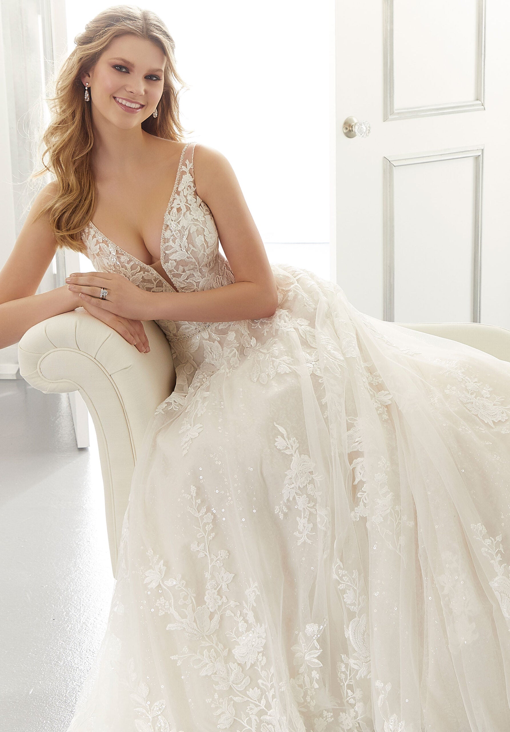 Wedding Dresses Long A Line Sequin Bridal Wedding Dress MGNY Madeline Gardner New York 2179 Ivory/Creme/Honey