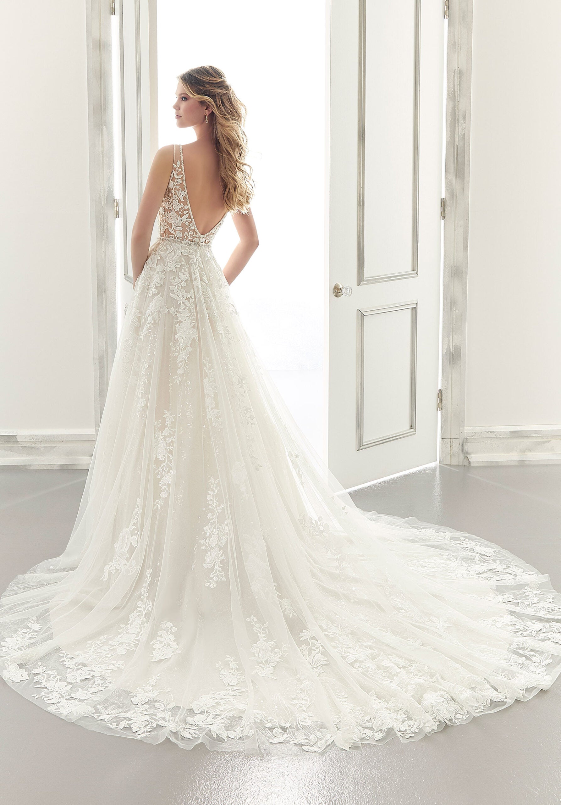 Wedding Dresses Long A Line Sequin Bridal Wedding Dress MGNY Madeline Gardner New York 2179 Ivory/Creme/Honey
