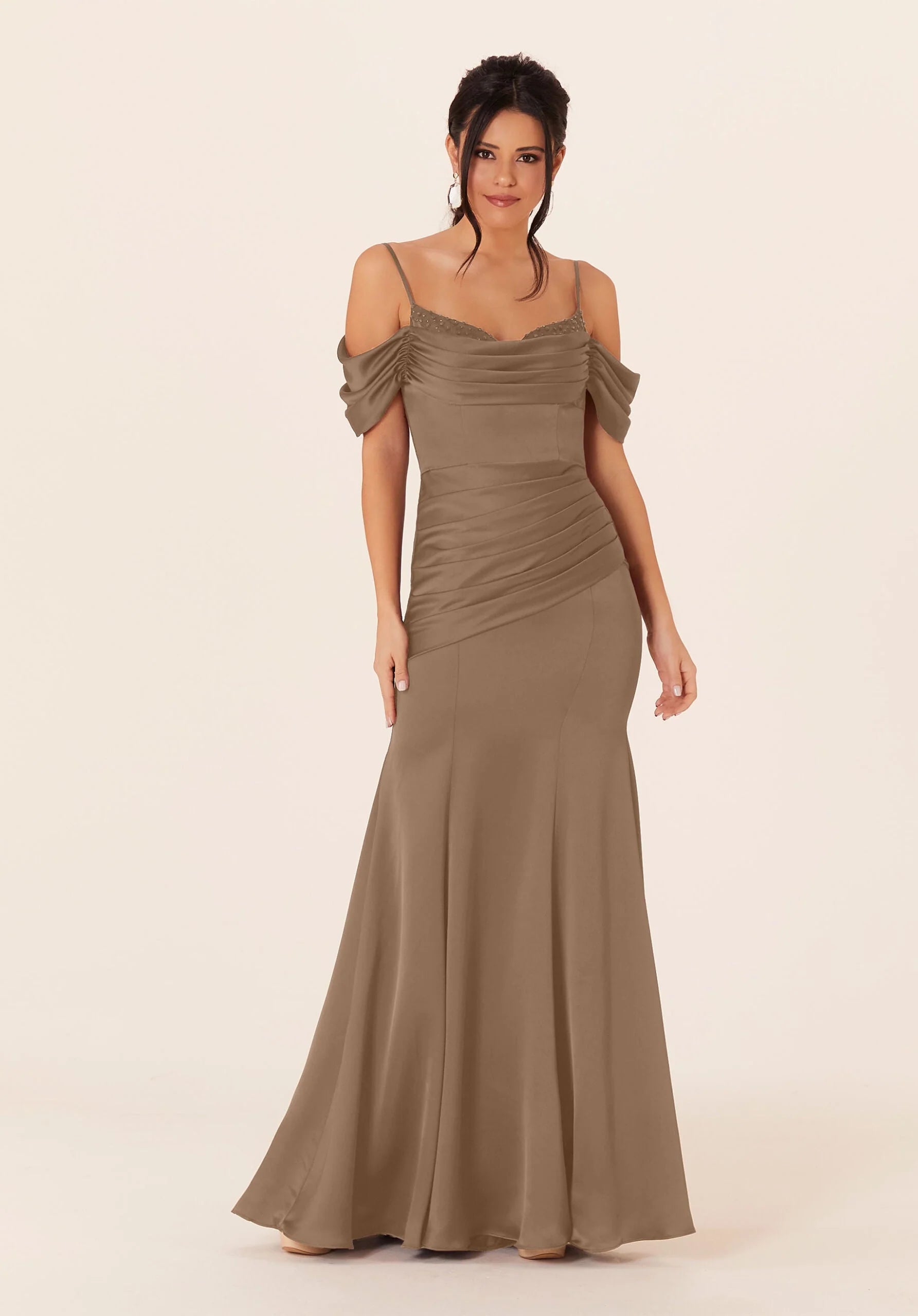 Formal Dresses Long Formal Pleated Ruffle Dress MGNY Madeline Gardner New York 21821 Latte