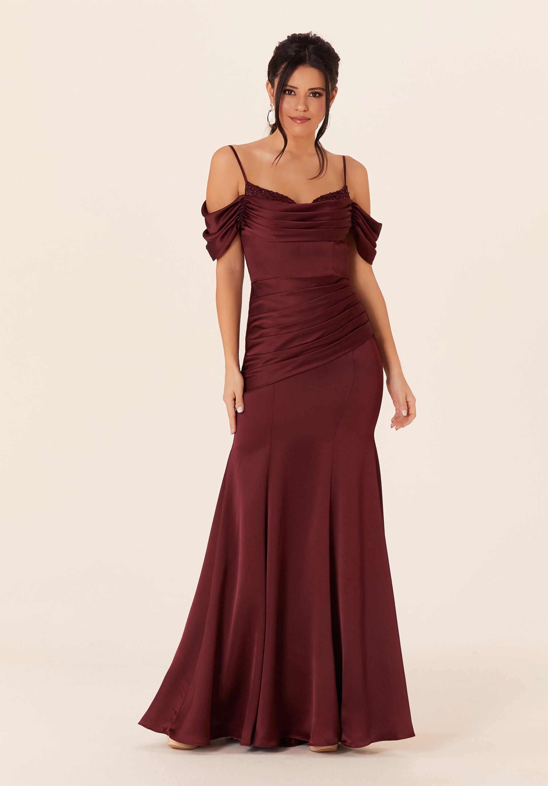 Formal Dresses Long Formal Ruffle Pleated Dress MGNY Madeline Gardner New York 21821 Bordeaux