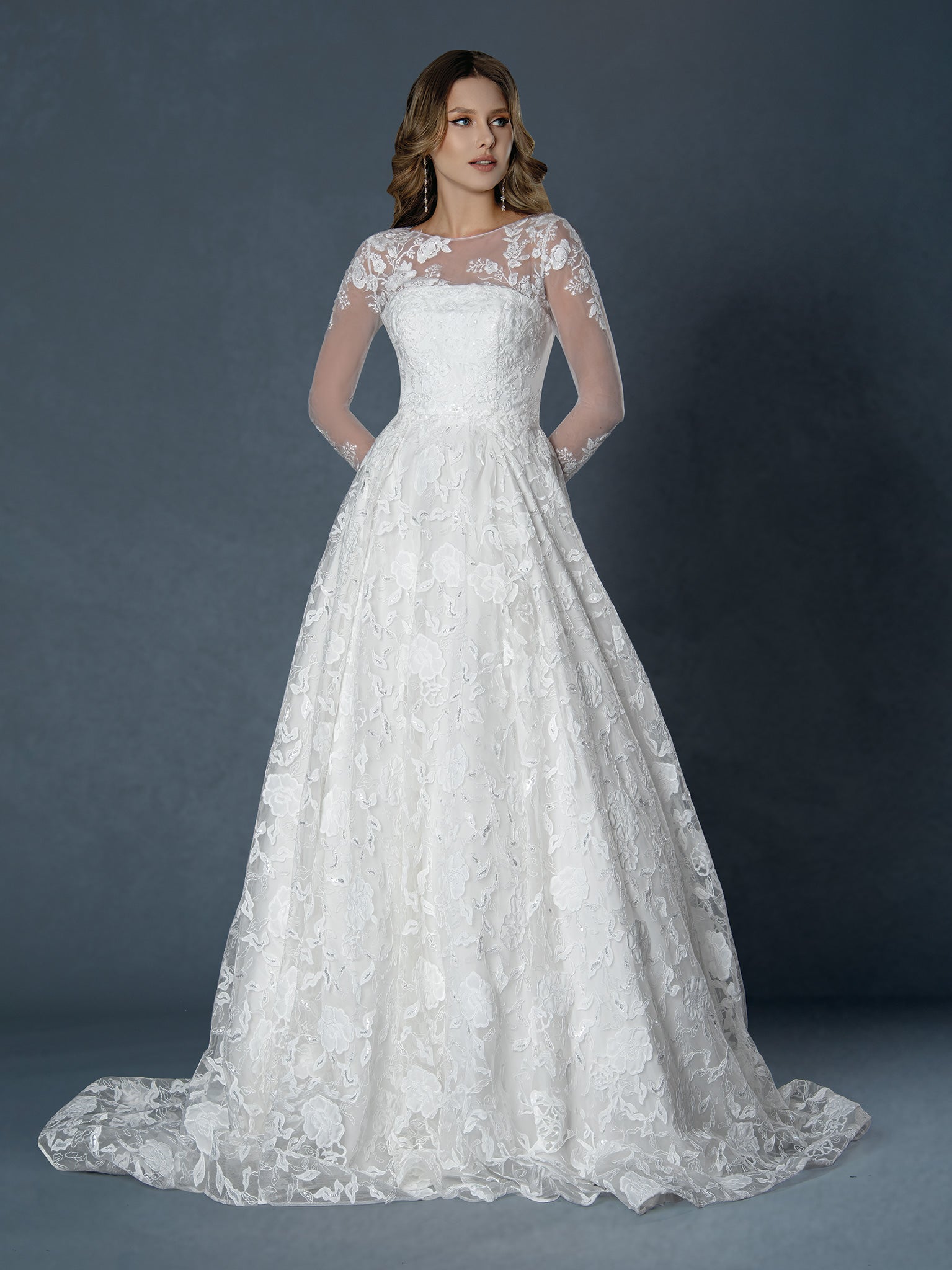 Wedding Dresses Long Sleeve Lace Bridal Long Wedding Dress Off White-Tulle-25508-A Line