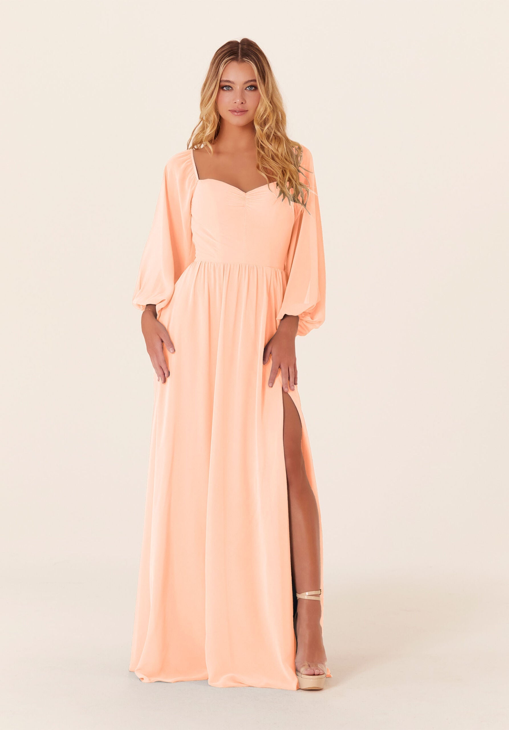 Mother of the Bride Dresses Long Sleeve Long Formal Mother of the Bride Dress Peach-Chiffon-21830-Pleated