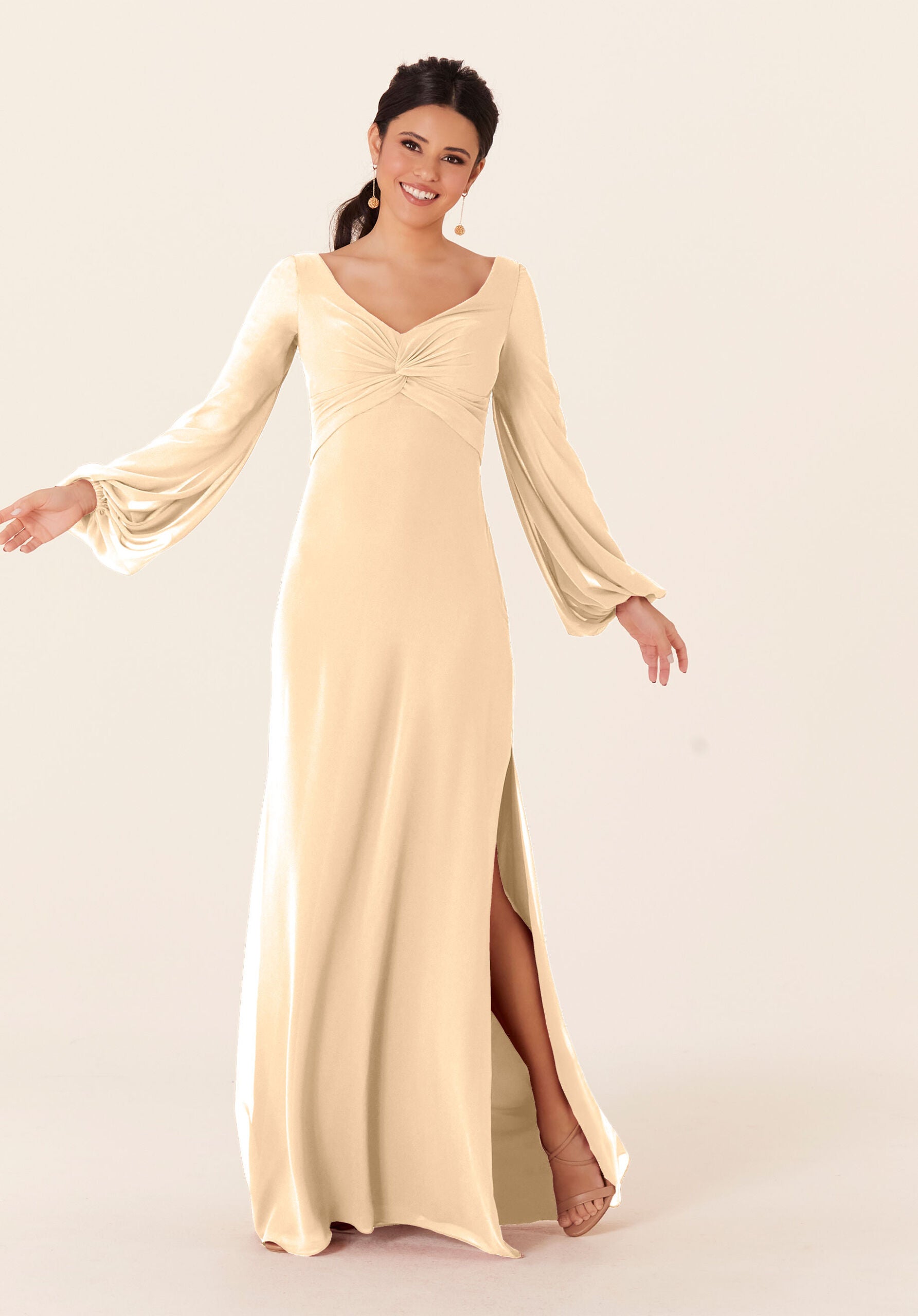 Mother of the Bride Dresses Slit Formal Long Sleeve Dress MGNY Madeline Gardner New York 21837 Buttercream