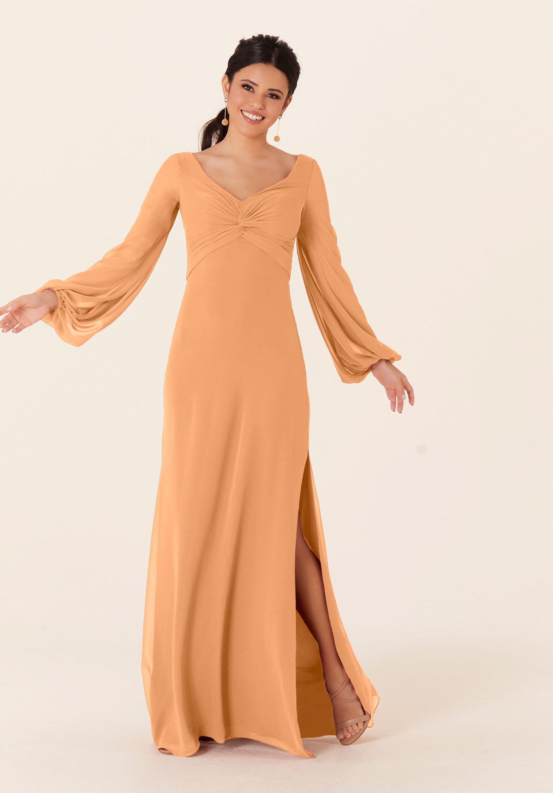 Mother of the Bride Dresses Slit Formal Long Sleeve Dress MGNY Madeline Gardner New York 21837 Sorbet