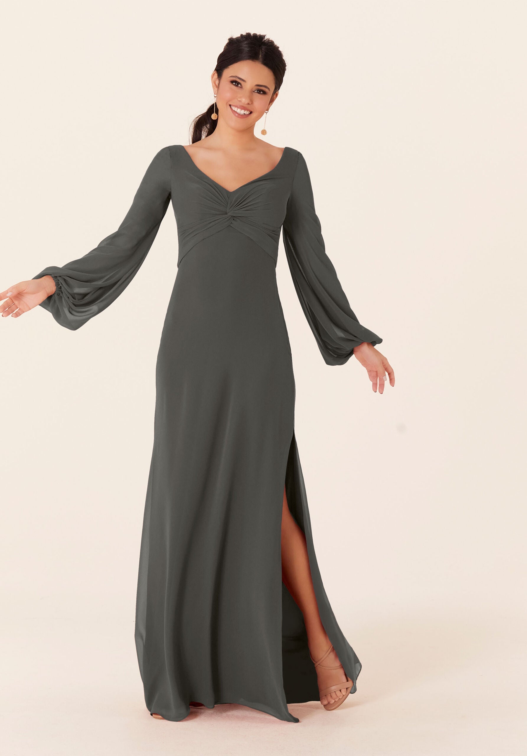 Mother of the Bride Dresses Long Sleeve Slit Formal Dress MGNY Madeline Gardner New York 21837 Charcoal