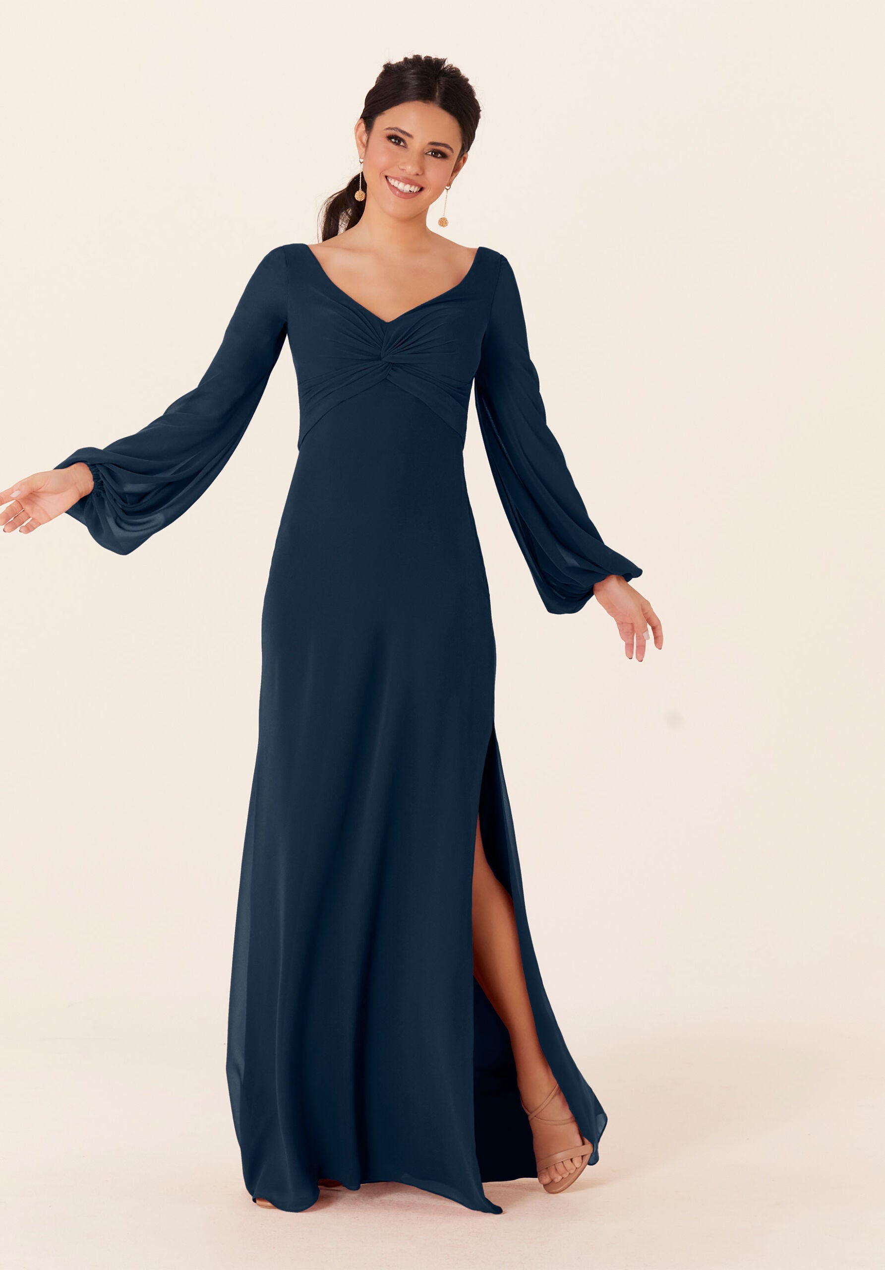 Mother of the Bride Dresses Formal Slit Long Sleeve Dress MGNY Madeline Gardner New York 21837 Navy