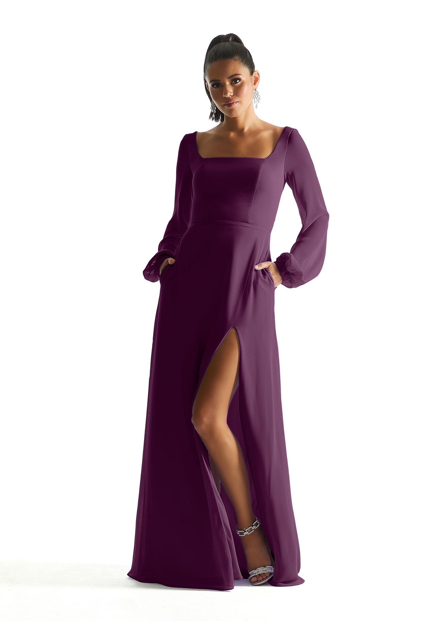 Formal Dresses A Line Formal Long Sleeve Dress MGNY Madeline Gardner New York 21845 Eggplant