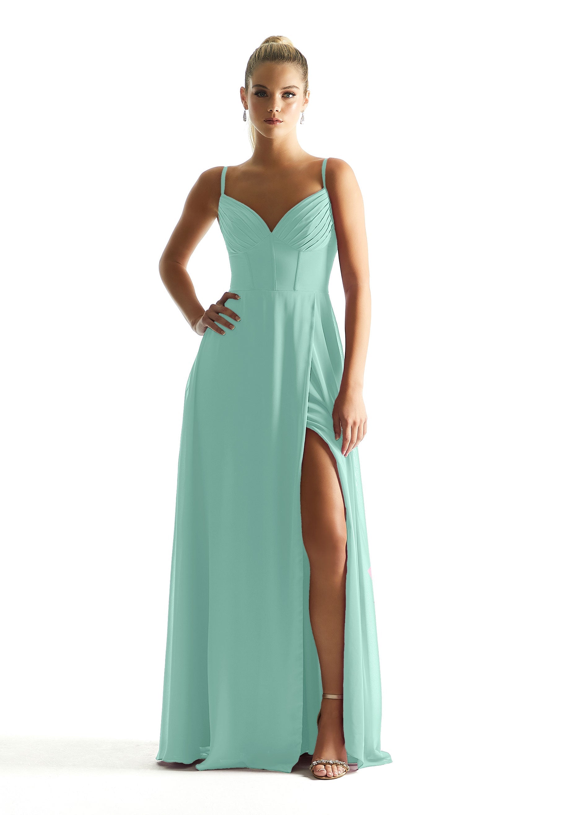 Formal Dresses Long Formal Corset A Line Pleated Dress MGNY Madeline Gardner New York 21853 Mint