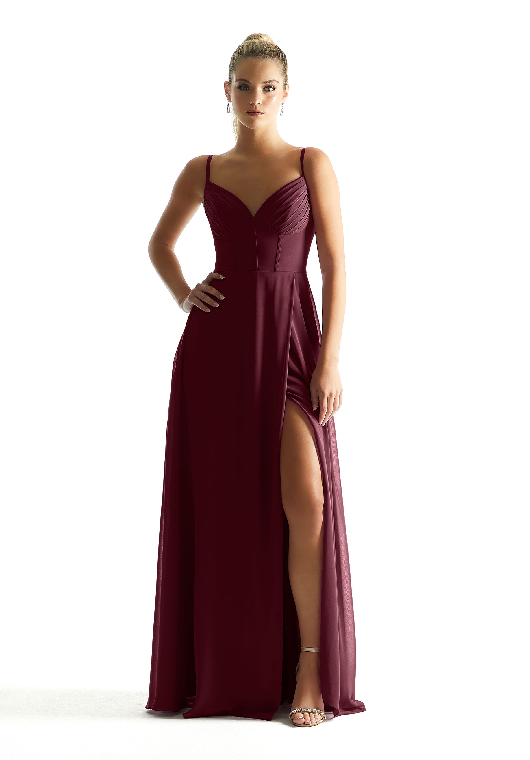 Formal Dresses Long Formal A Line Pleated Corset Dress MGNY Madeline Gardner New York 21853 Bordeaux