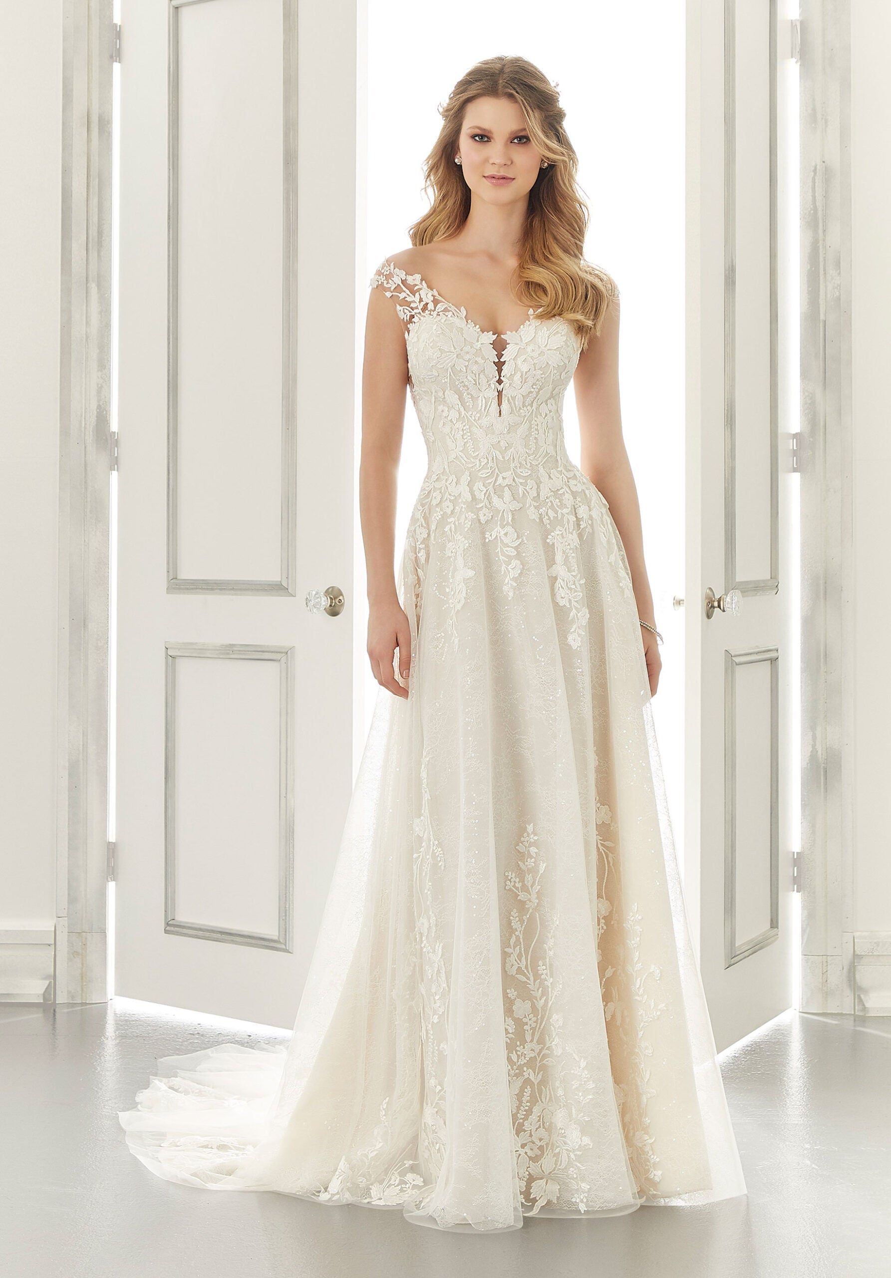 Wedding Dresses Long A Line Lace Wedding Dress MGNY Madeline Gardner New York 2191 Ivory/Creme/Honey