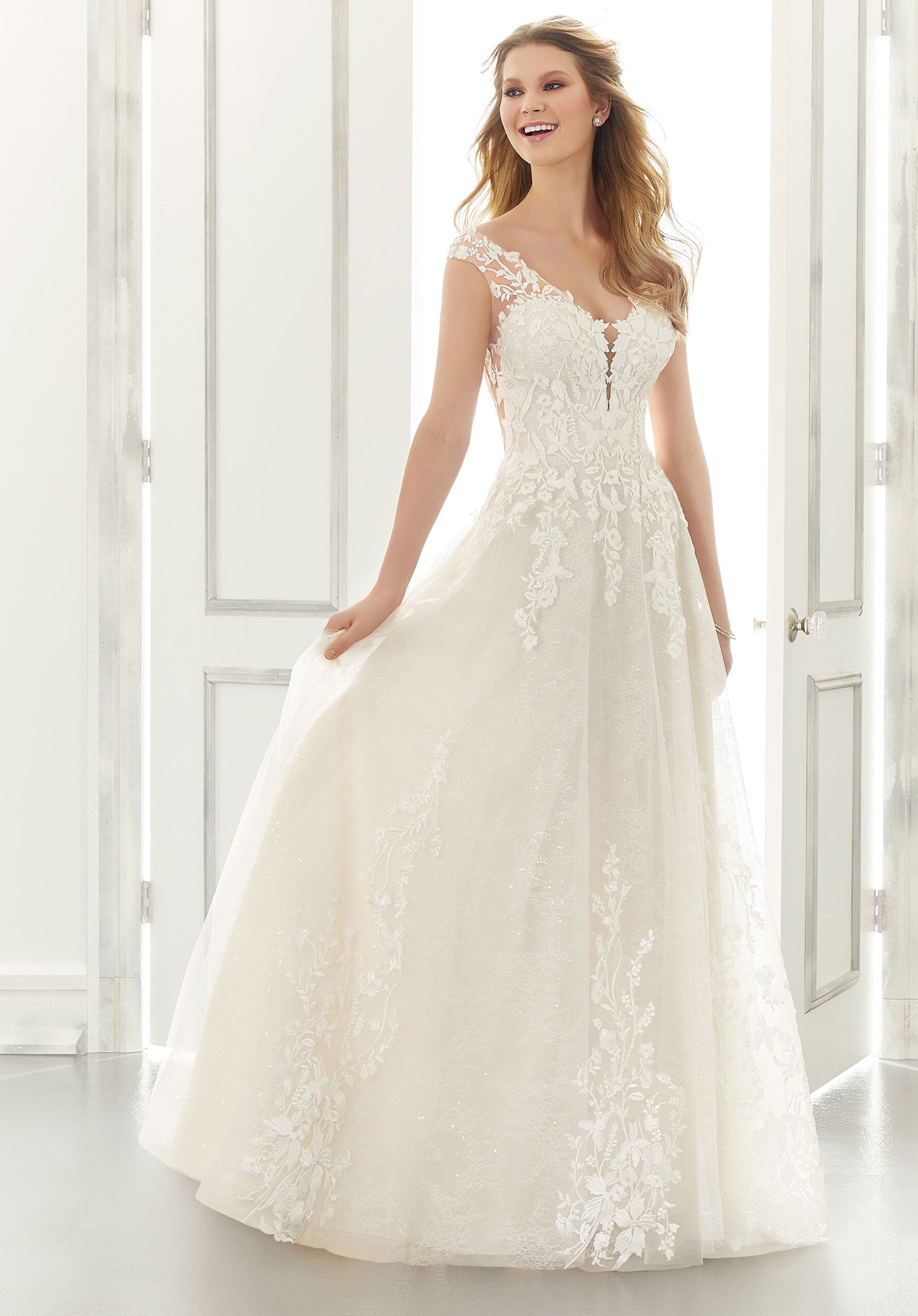 Wedding Dresses Long A Line Lace Wedding Dress MGNY Madeline Gardner New York 2191 Ivory/Creme/Honey