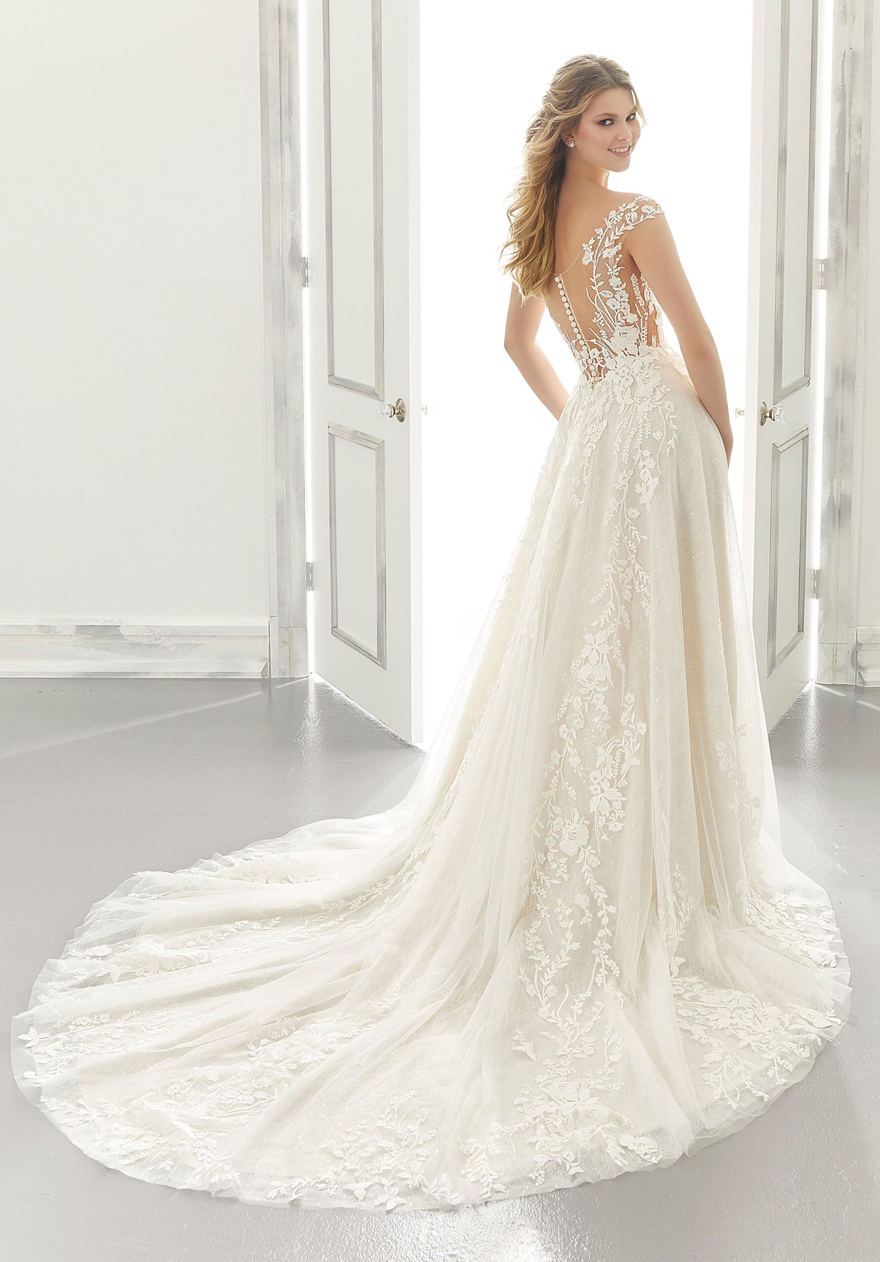 Wedding Dresses Long A Line Lace Wedding Dress MGNY Madeline Gardner New York 2191 Ivory/Creme/Honey