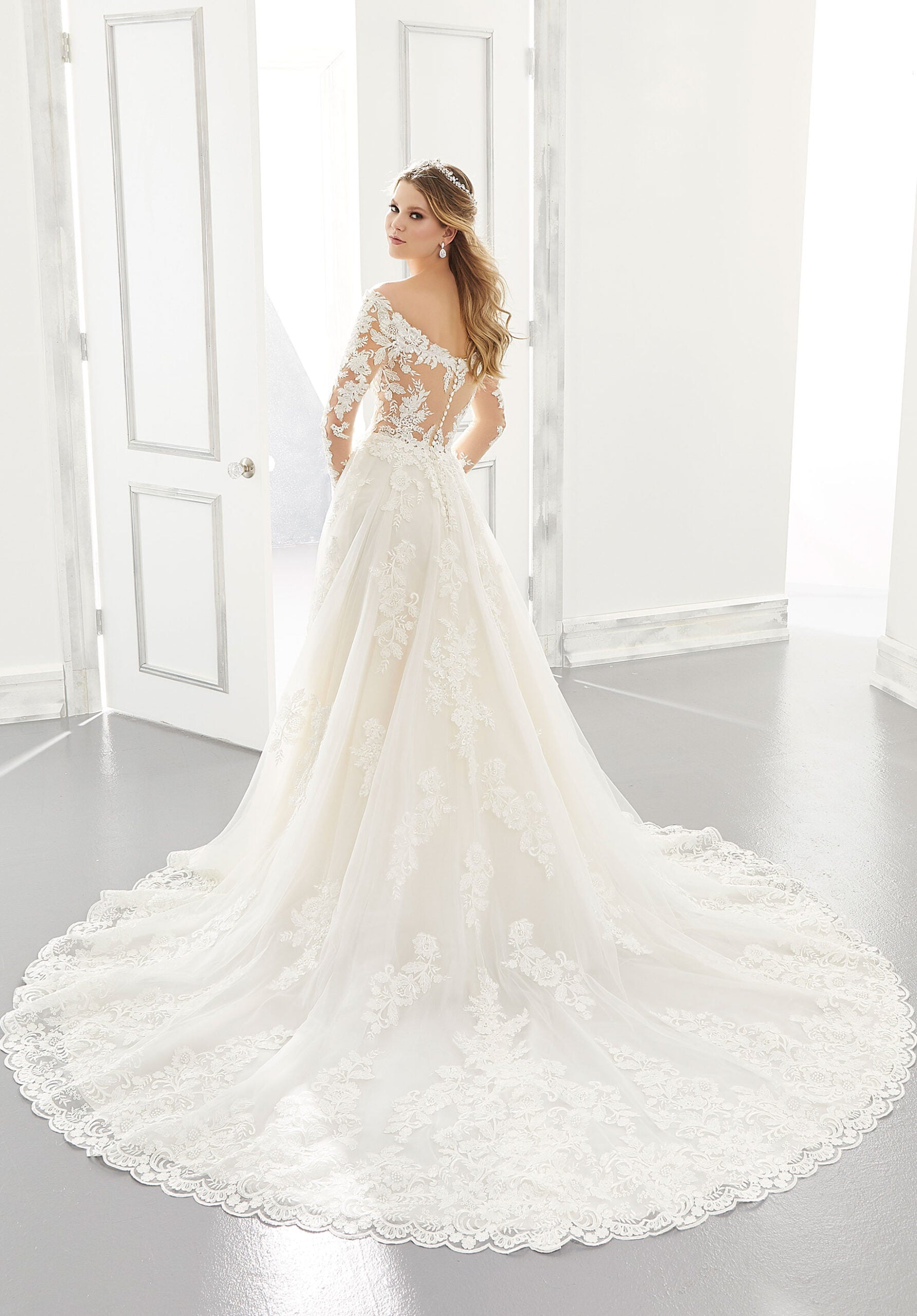 Wedding Dresses Long Sleeve Lace Ball Gown Wedding Dress MGNY Madeline Gardner New York 2196 Ivory/Champagne/Honey