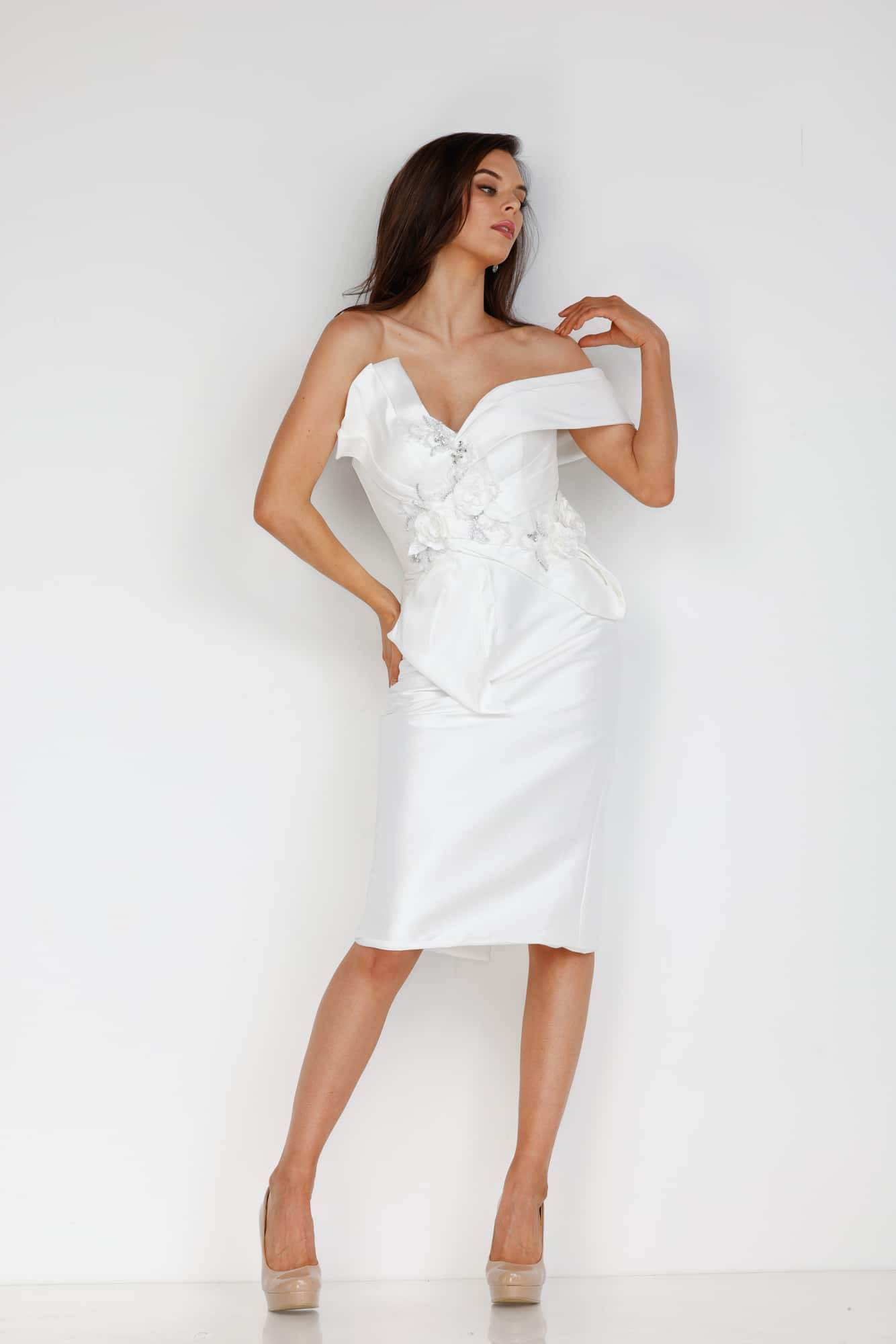 Ivory Off the Shoulder Knee Length Stretch Bridal Mikado Wedding Dress with Applique Detail Terani Couture 2221C0334