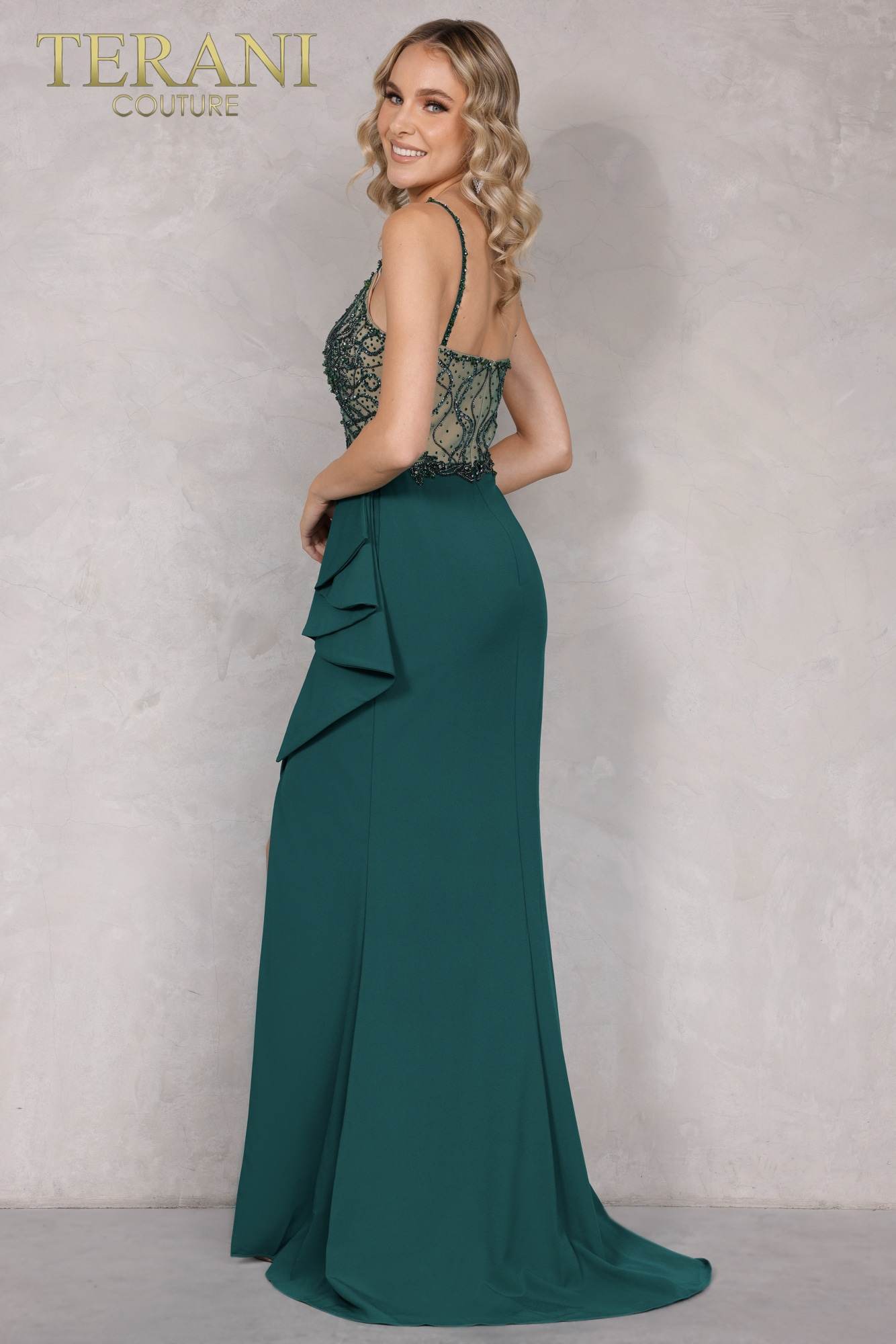 Prom Dresses Long Ruffle Formal Prom Beaded Dress Emerald