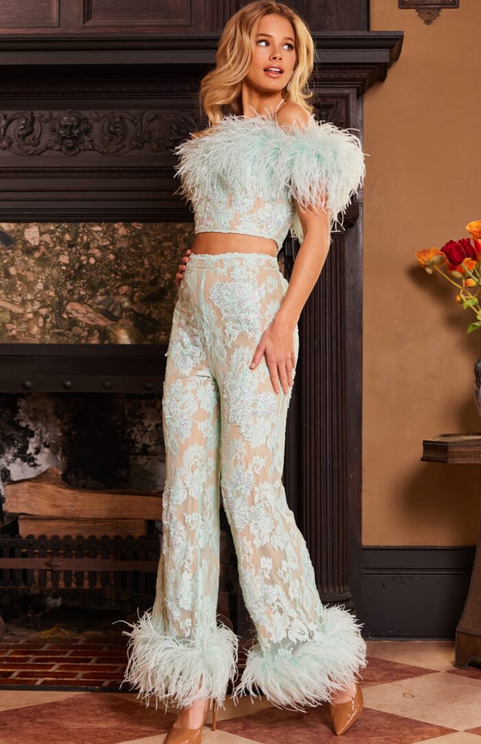 Jumpsuit Long Beaded Two Piece Lace Formal Jumpsuit Aqua