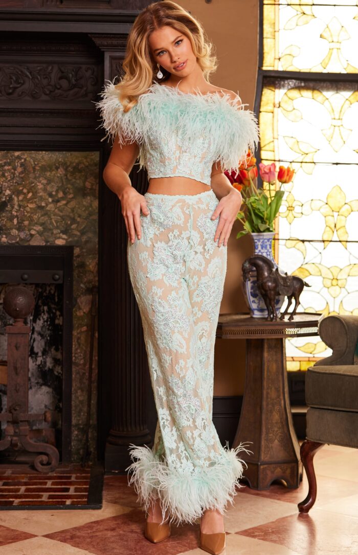 Jumpsuit Long Beaded Two Piece Lace Formal Jumpsuit Aqua