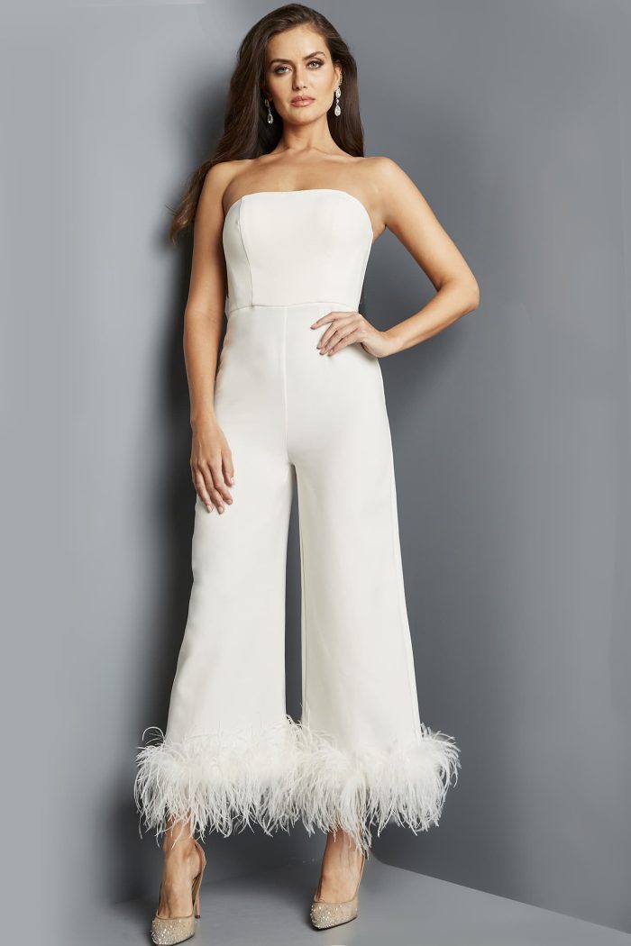Jumpsuit Long Evening Feather Formal Jumpsuit Ivory