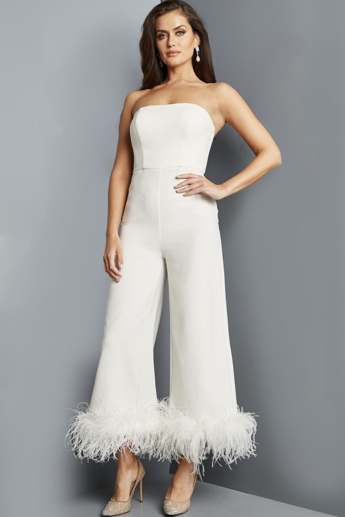 Jumpsuit Long Evening Feather Formal Jumpsuit Ivory