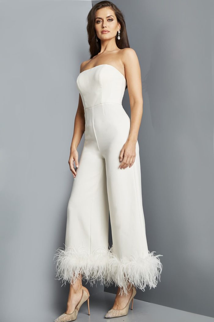 Jumpsuit Long Evening Feather Formal Jumpsuit Ivory