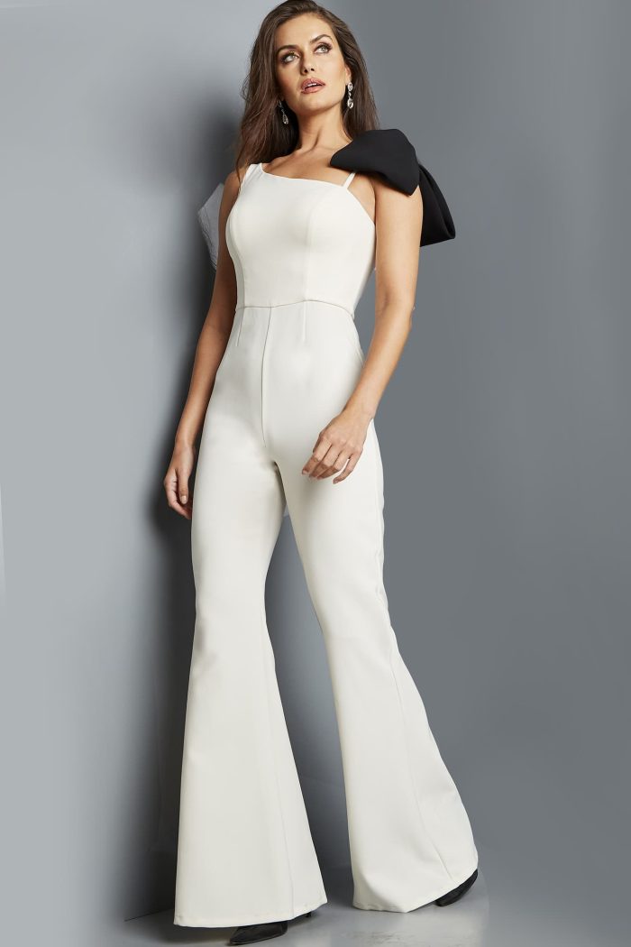 Jumpsuit Long Bow Shoulder Formal Jumpsuit Ivory/Black