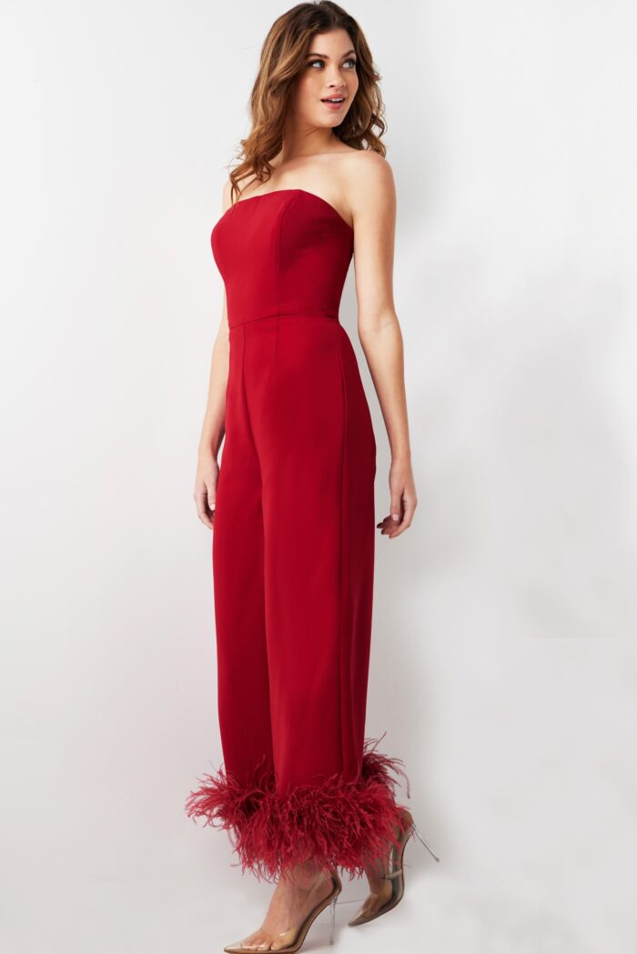 Jumpsuit Long Evening Feather Formal Jumpsuit Cranberry