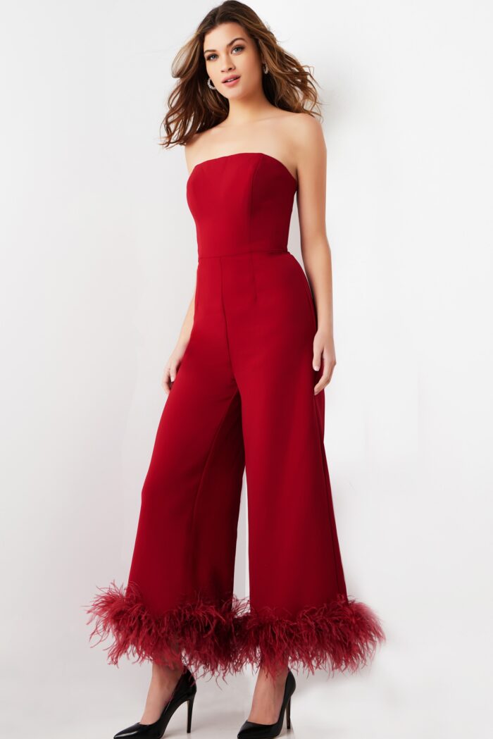 Jumpsuit Long Evening Feather Formal Jumpsuit Cranberry