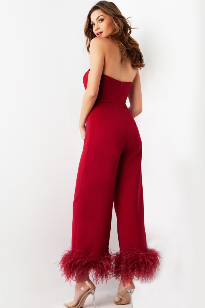 Jumpsuit Long Evening Feather Formal Jumpsuit Cranberry