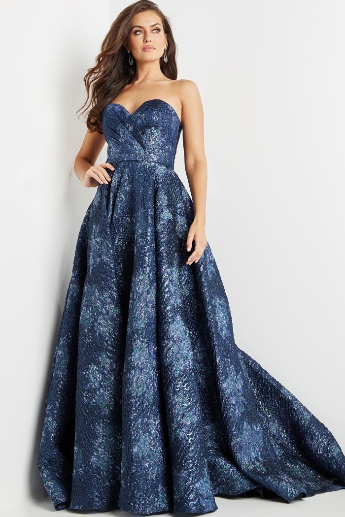 Navy Pleated A Line Boat Neck Long Ball Dress