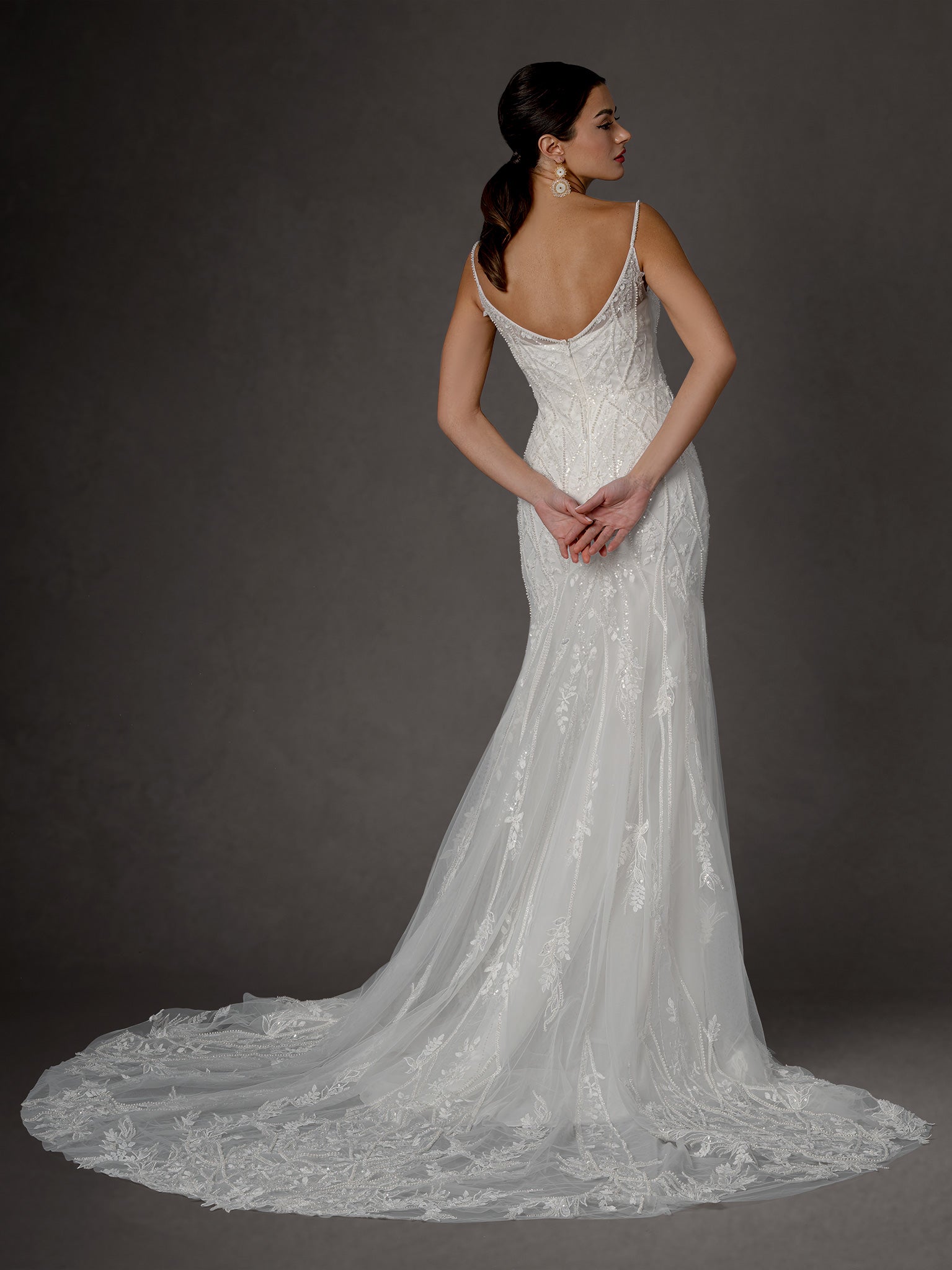 Wedding Dresses Long Beaded Lace Bridal Gown Off White-Tulle-25650-Sequin