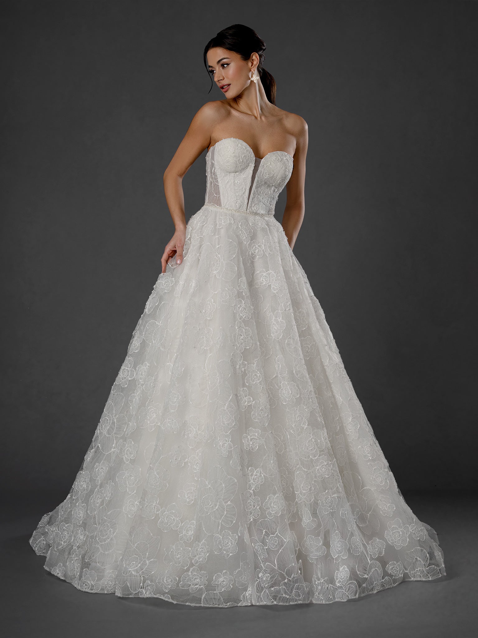Wedding Dresses Long Bridal A Line Lace Wedding Dress - Corset Floral - Stella Couture 25578 Off White-Lace-25578-Floral
