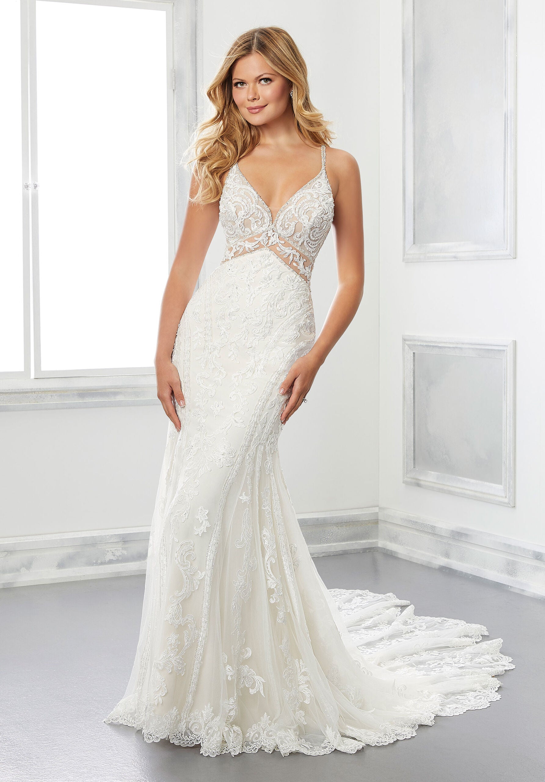 Wedding Dresses Long Bridal Beaded Lace Wedding Dress MGNY Madeline Gardner New York 2301 Ivory/Sand/Honey