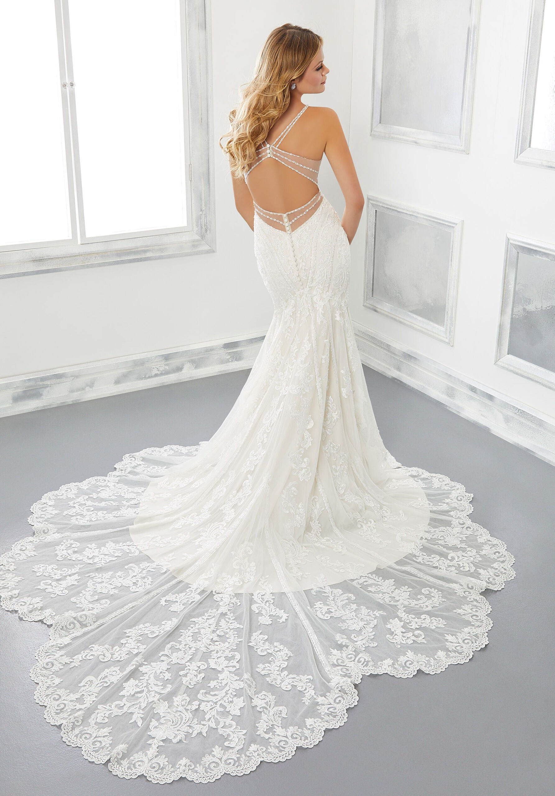 Wedding Dresses Long Bridal Beaded Lace Wedding Dress MGNY Madeline Gardner New York 2301 Ivory/Sand/Honey