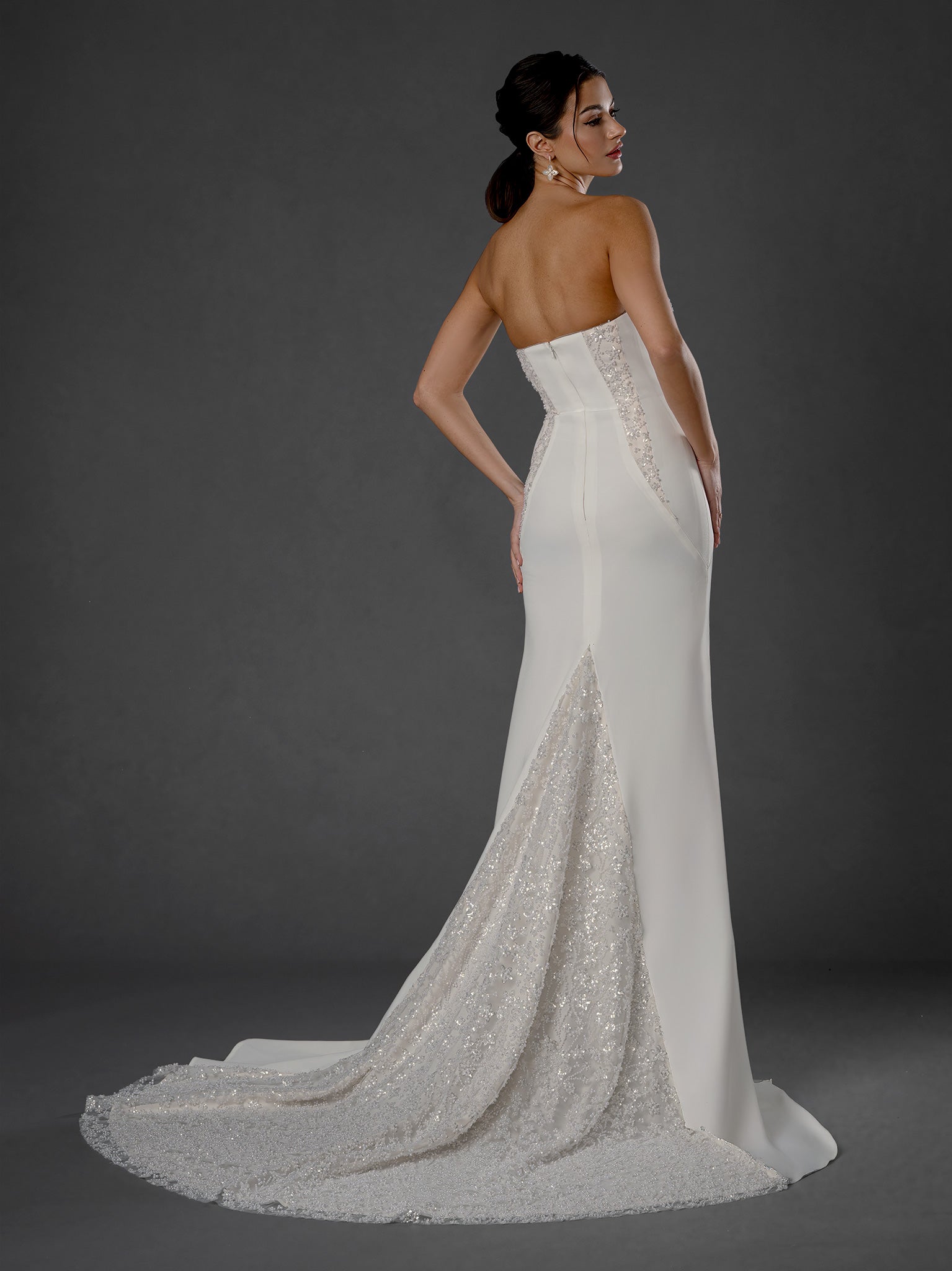 Wedding Dresses Long Beaded Wedding Dress - Corset - Stella Couture 25576 Off White-Satin-25576-Train