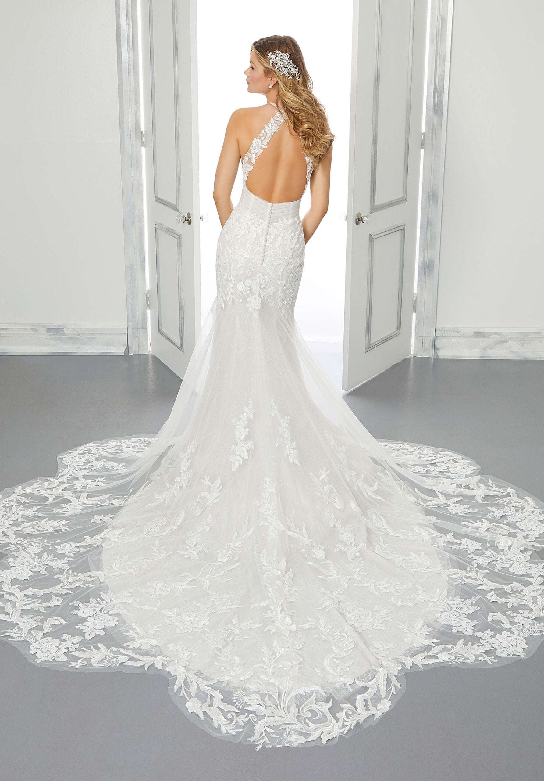 Wedding Dresses Long Fitted Bridal Beaded Lace Wedding Dress MGNY Madeline Gardner New York 2303 Ivory/Sand/Honey